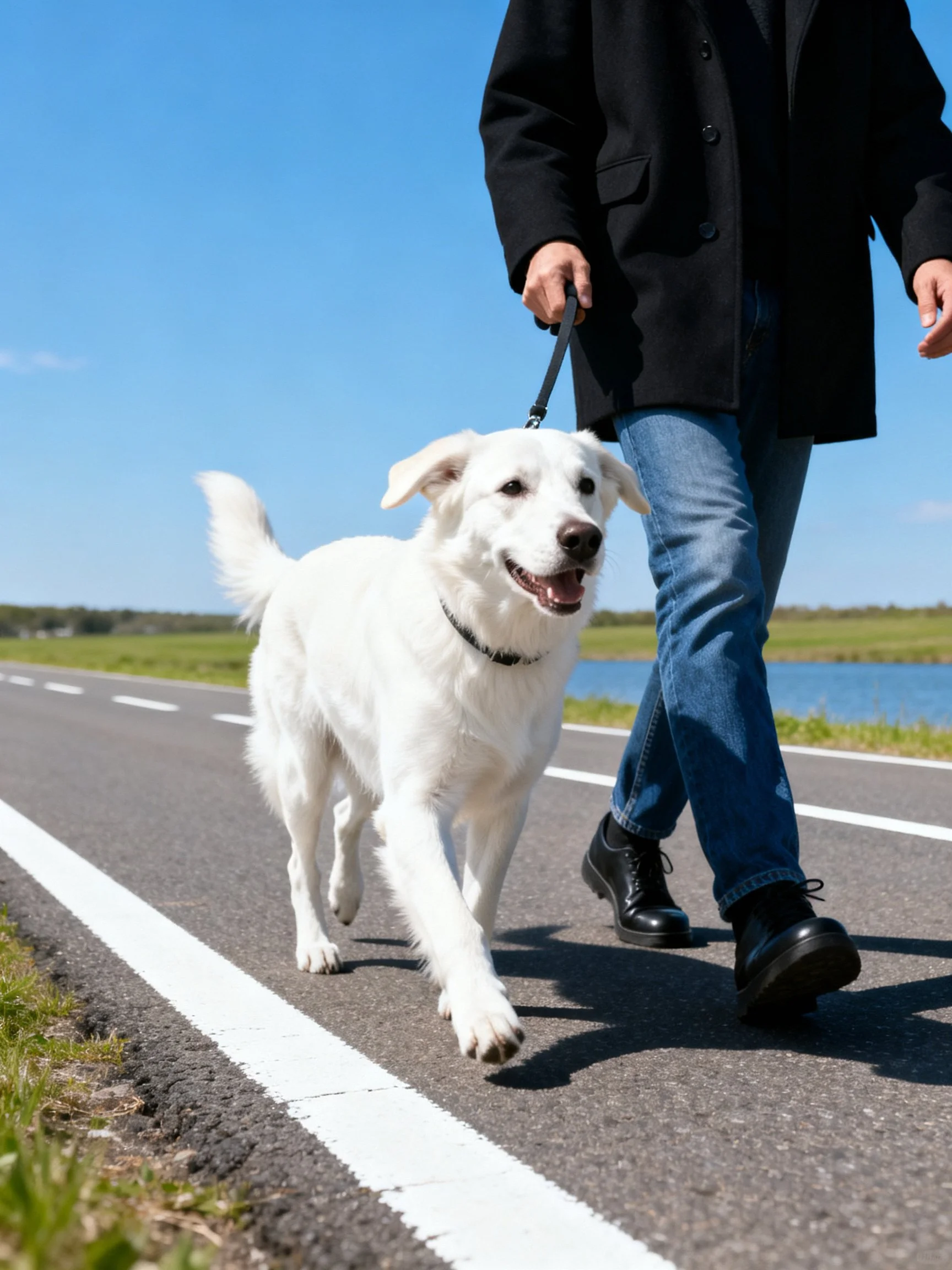 A person guides a cheerful white dog along a sunny paved road.