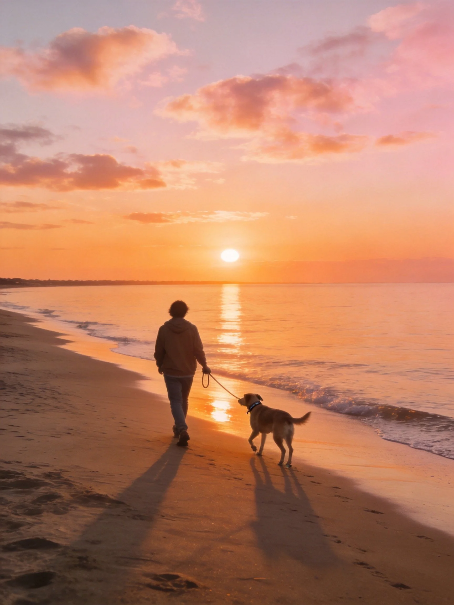 Person walking dog on sandy beach during vibrant orange sunset
