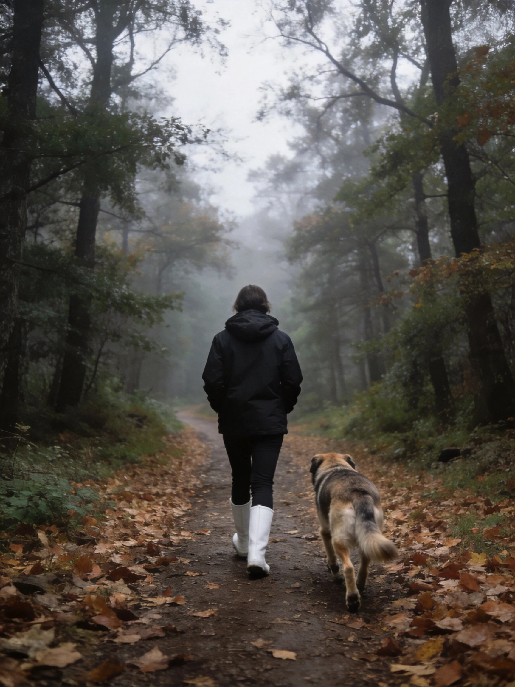 A person walks a dog down a leaf-covered forest trail in fog.