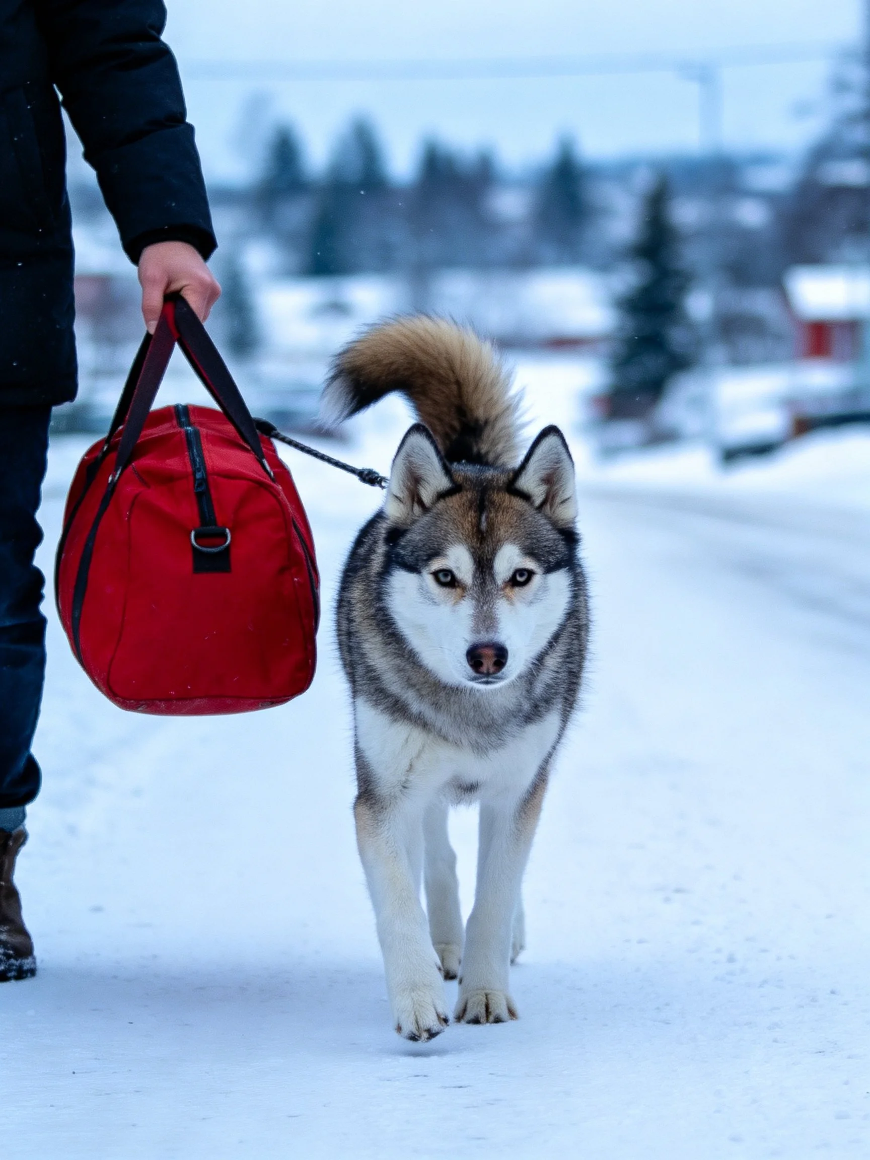 A person walks a husky dog on a snowy path while holding a red bag.