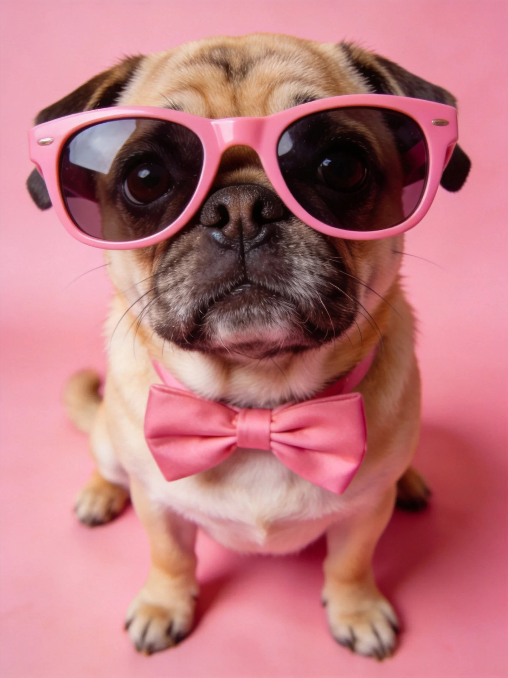 A pug wears pink sunglasses and a bow tie on a pink surface.