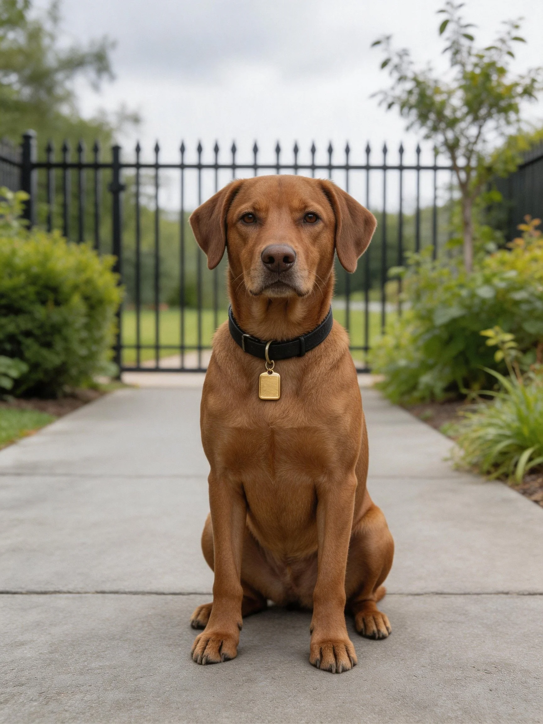 Rich brown dog sitting on concrete path by black fence