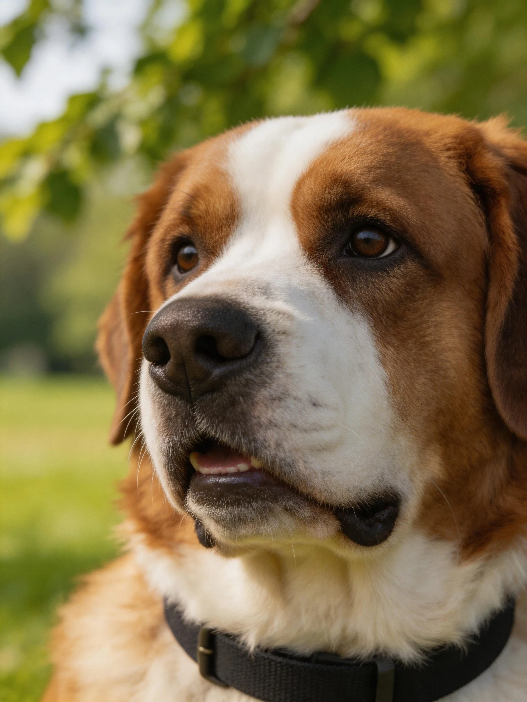 Saint Bernard dog with brown and white fur in a green outdoor setting