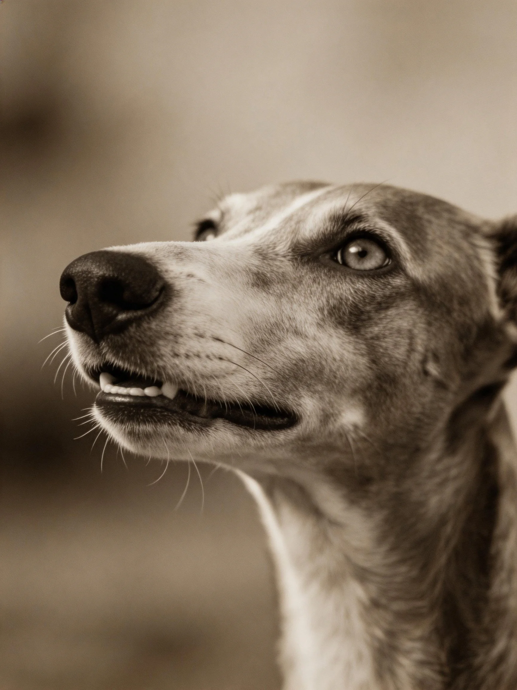 A sepia-toned close-up highlights a sleek dog’s expressive facial features.
