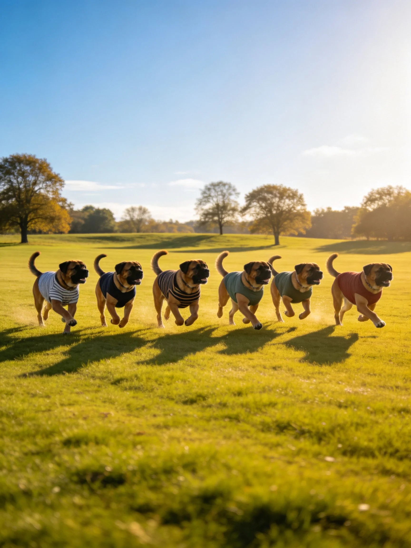 Seven dogs wearing sweaters dash together on a sunlit open grassy area