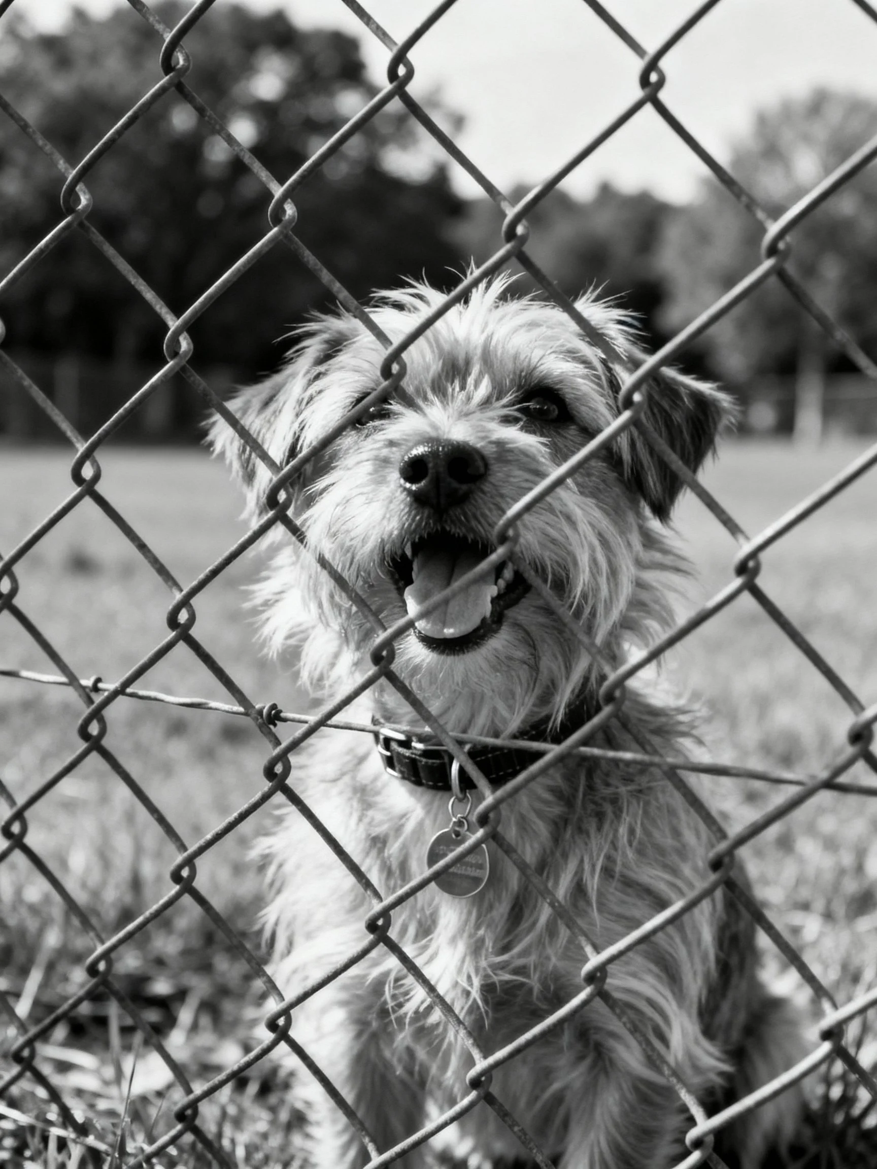 Shaggy dog grins behind chain-link fence in black and white