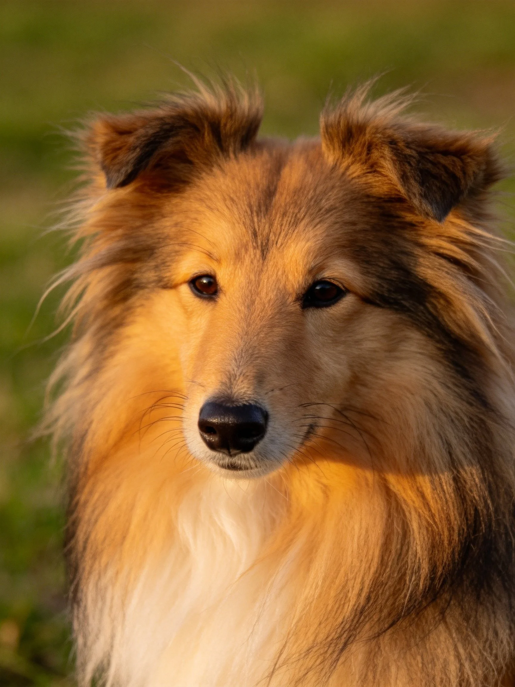 Close-up of a shaggy golden-brown and white dog with pointed ears in soft lighting.