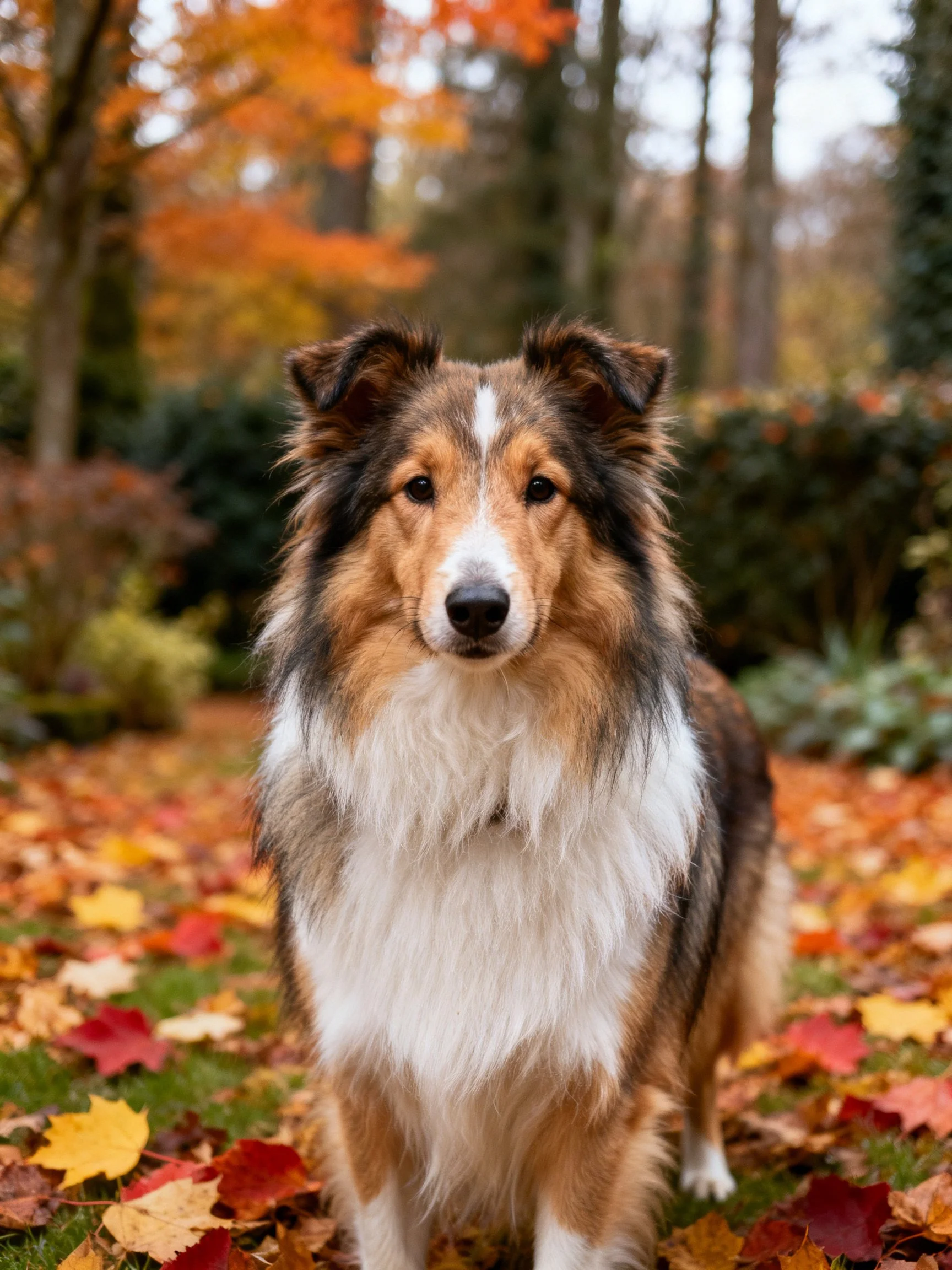 Sheltie dog amidst vibrant autumn leaves in a wooded setting