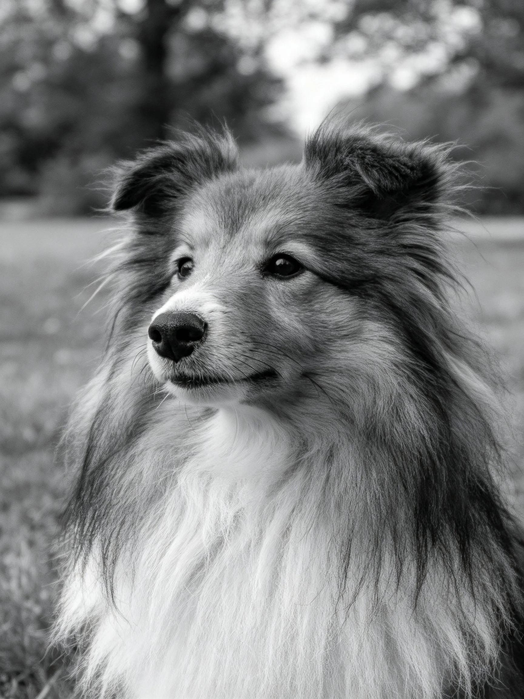 Shetland Sheepdog with long, shaggy fur in a blurred natural setting