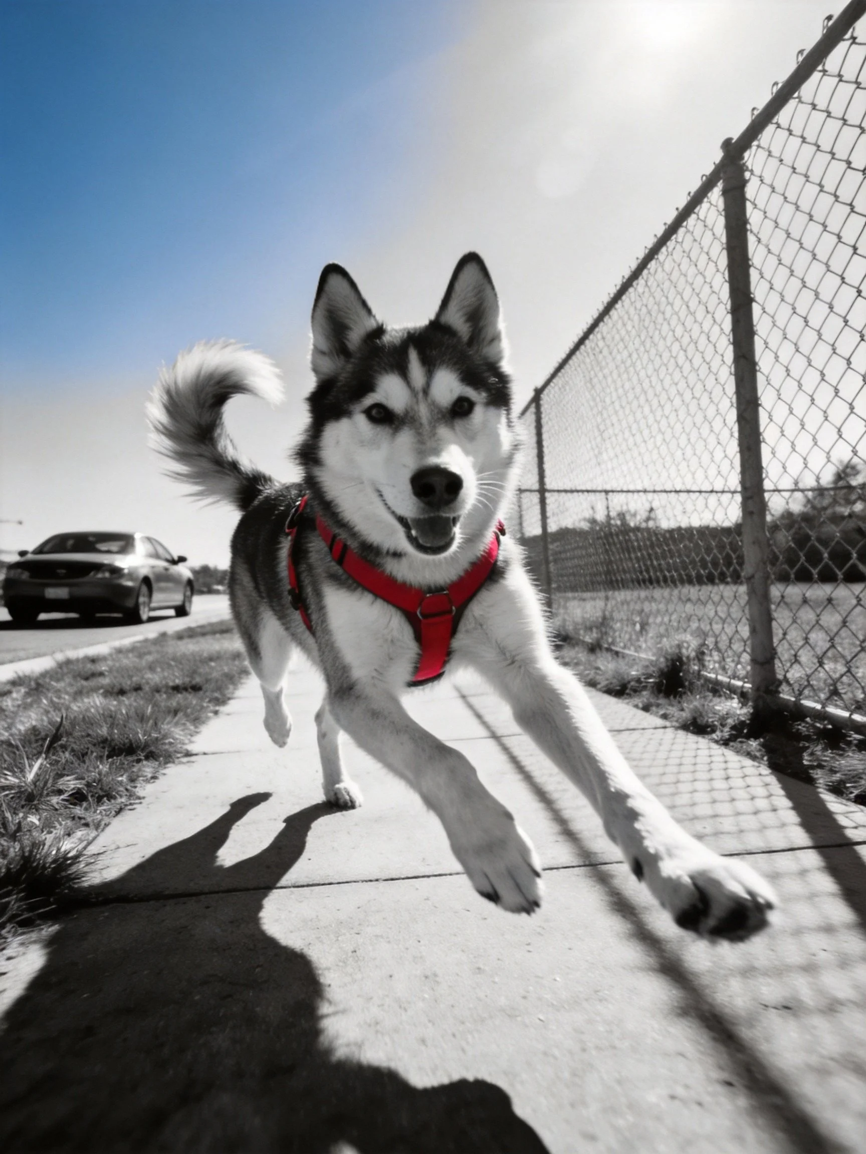 Siberian Husky in Red Harness Runs Toward Camera Near Fence