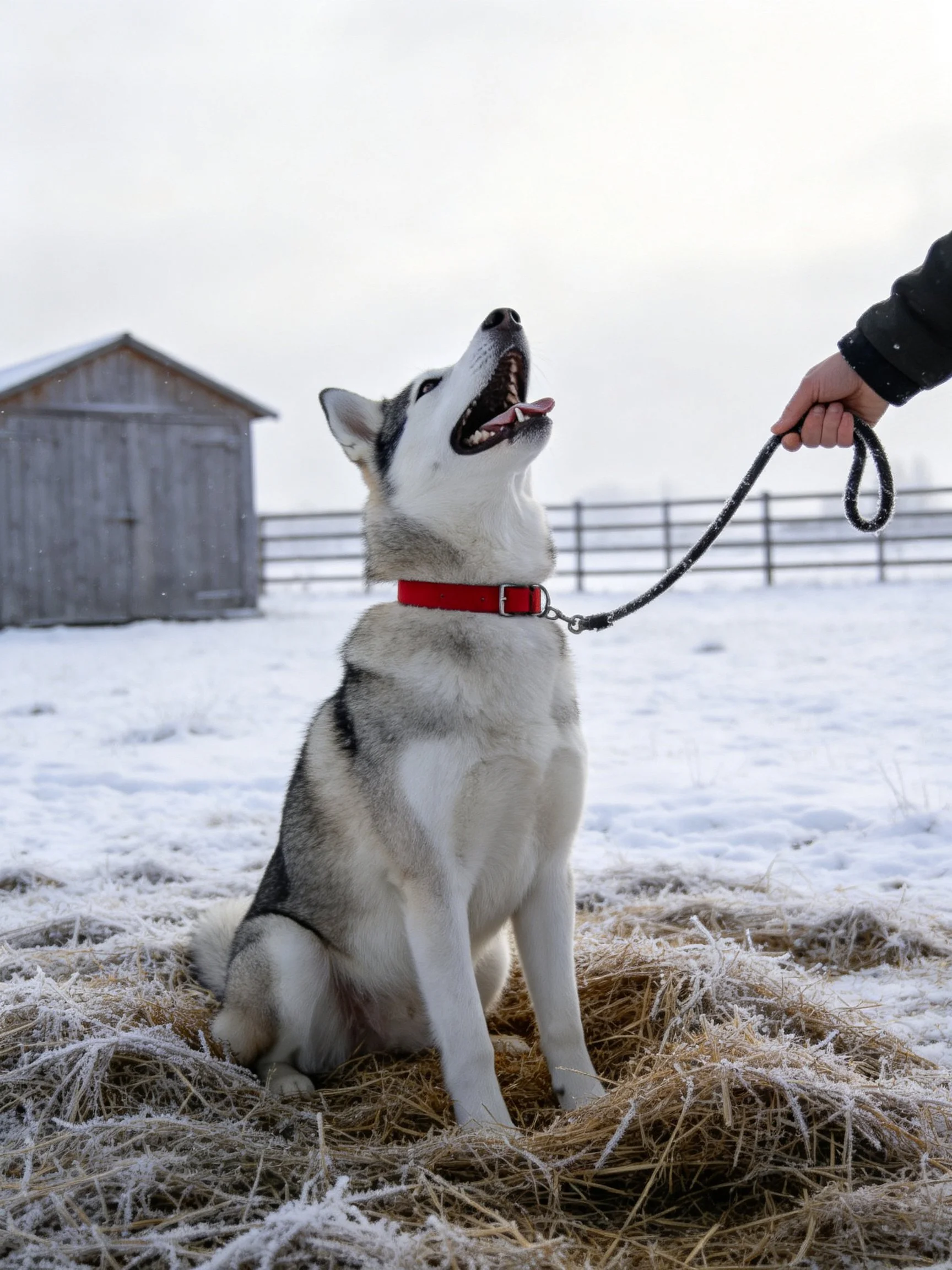A Siberian Husky wearing a red collar sits on frosty hay amidst a snowy landscape.