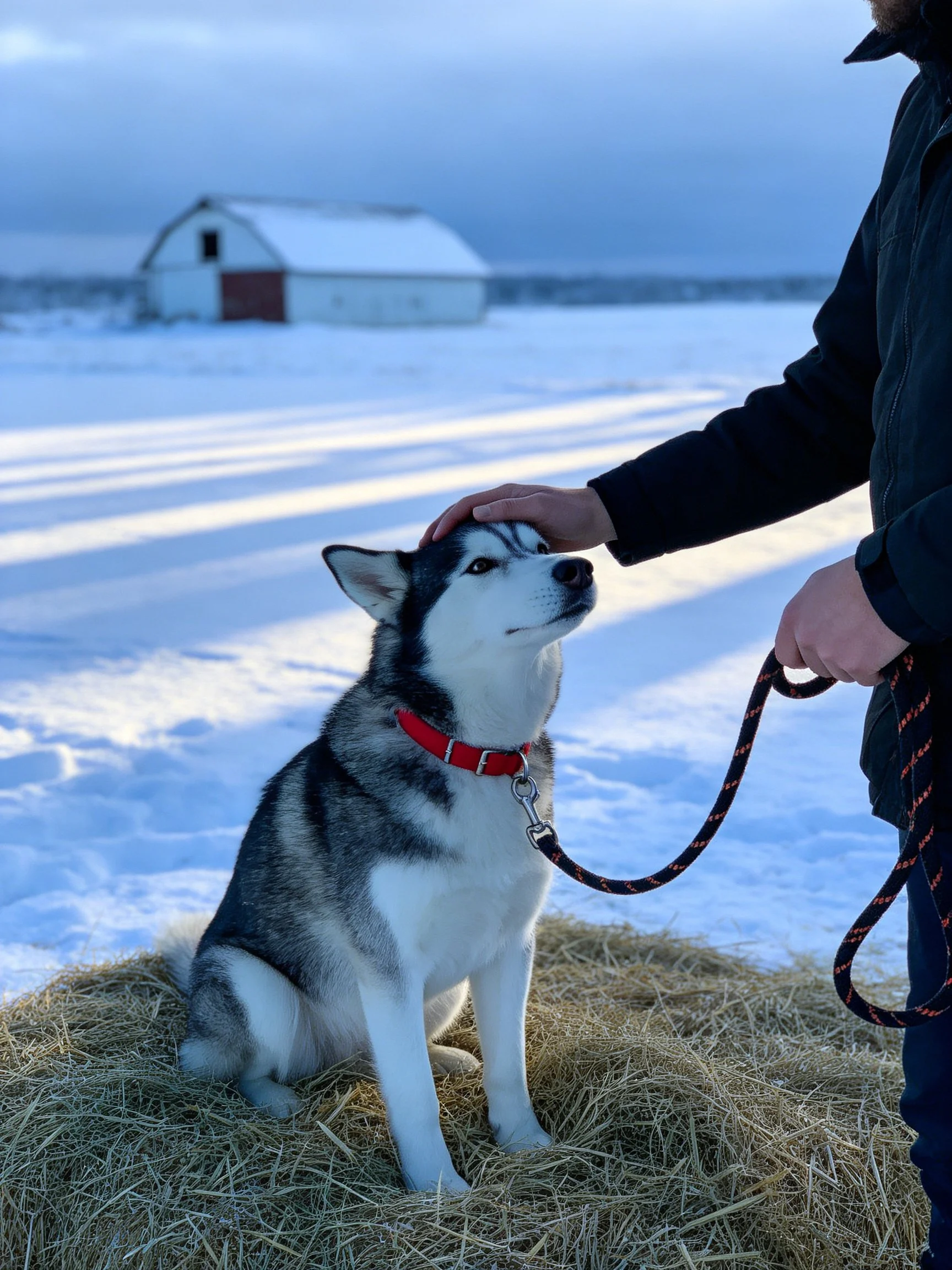 A Siberian Husky sits on hay in a snowy farm setting with a barn.