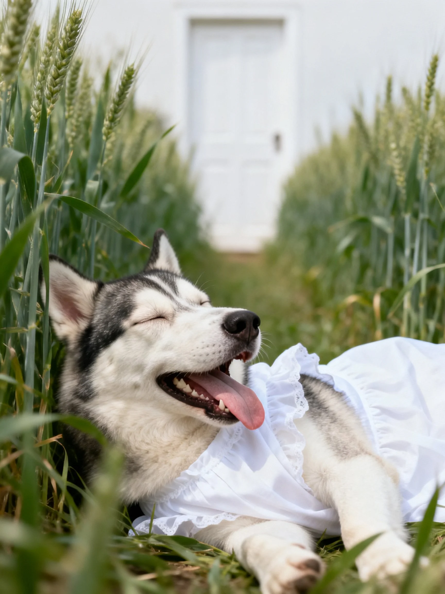 Husky puppy relaxes in wheat field while wearing white dress