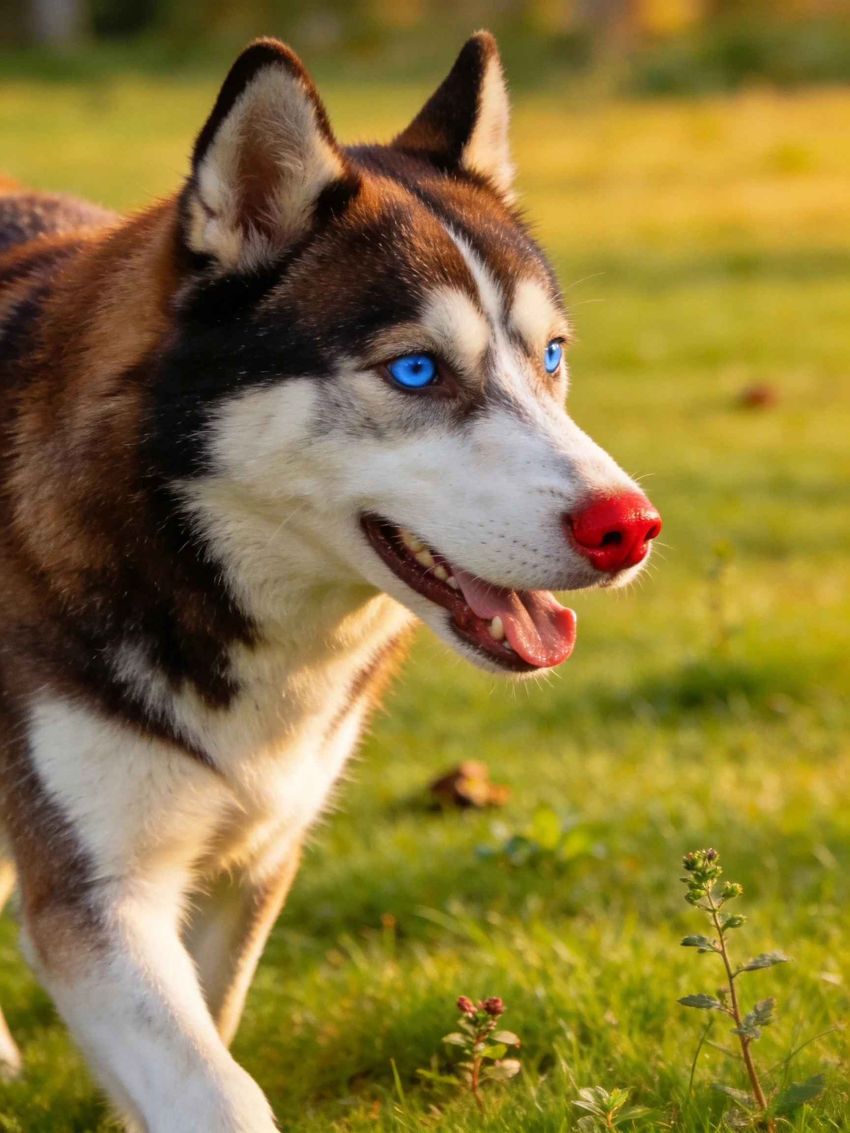 Siberian Husky with blue eyes and red nose enjoys a sunny outdoor setting