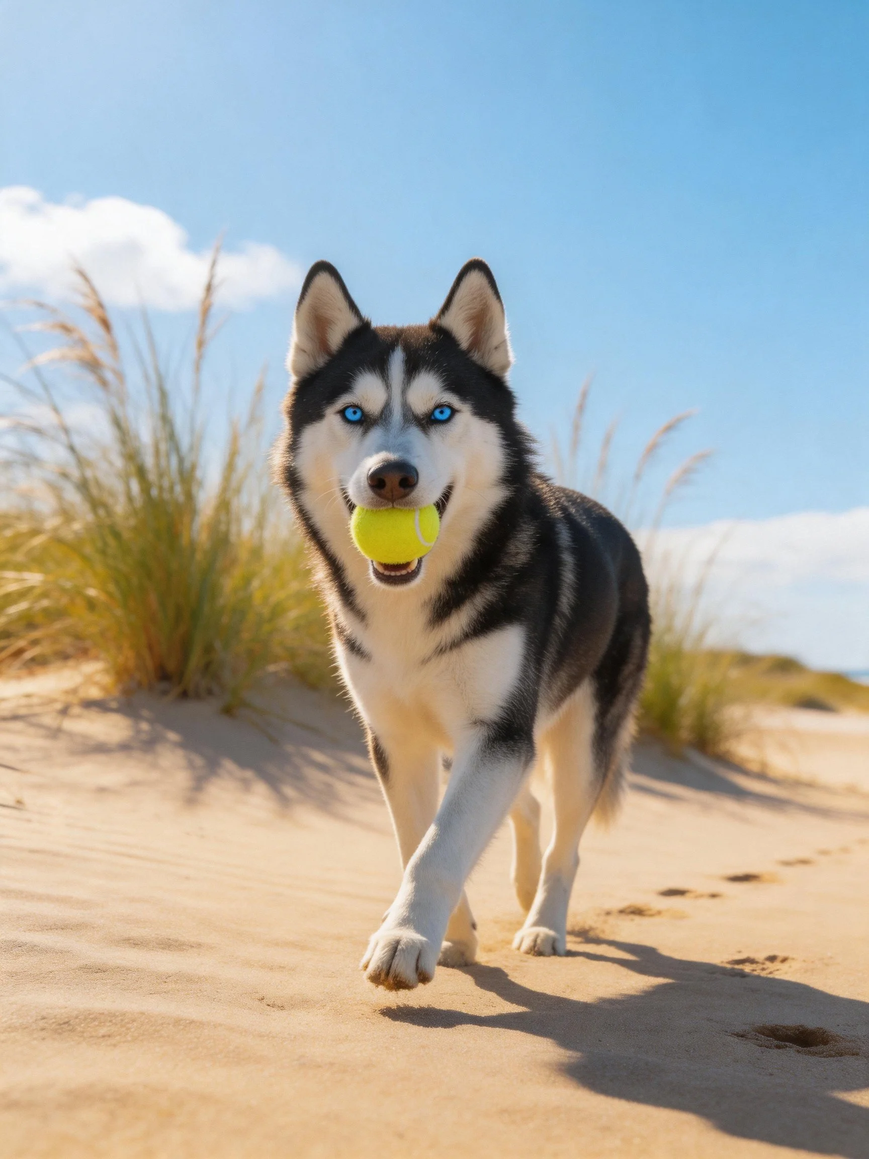 A Siberian Husky walks on a sandy path carrying a yellow tennis ball