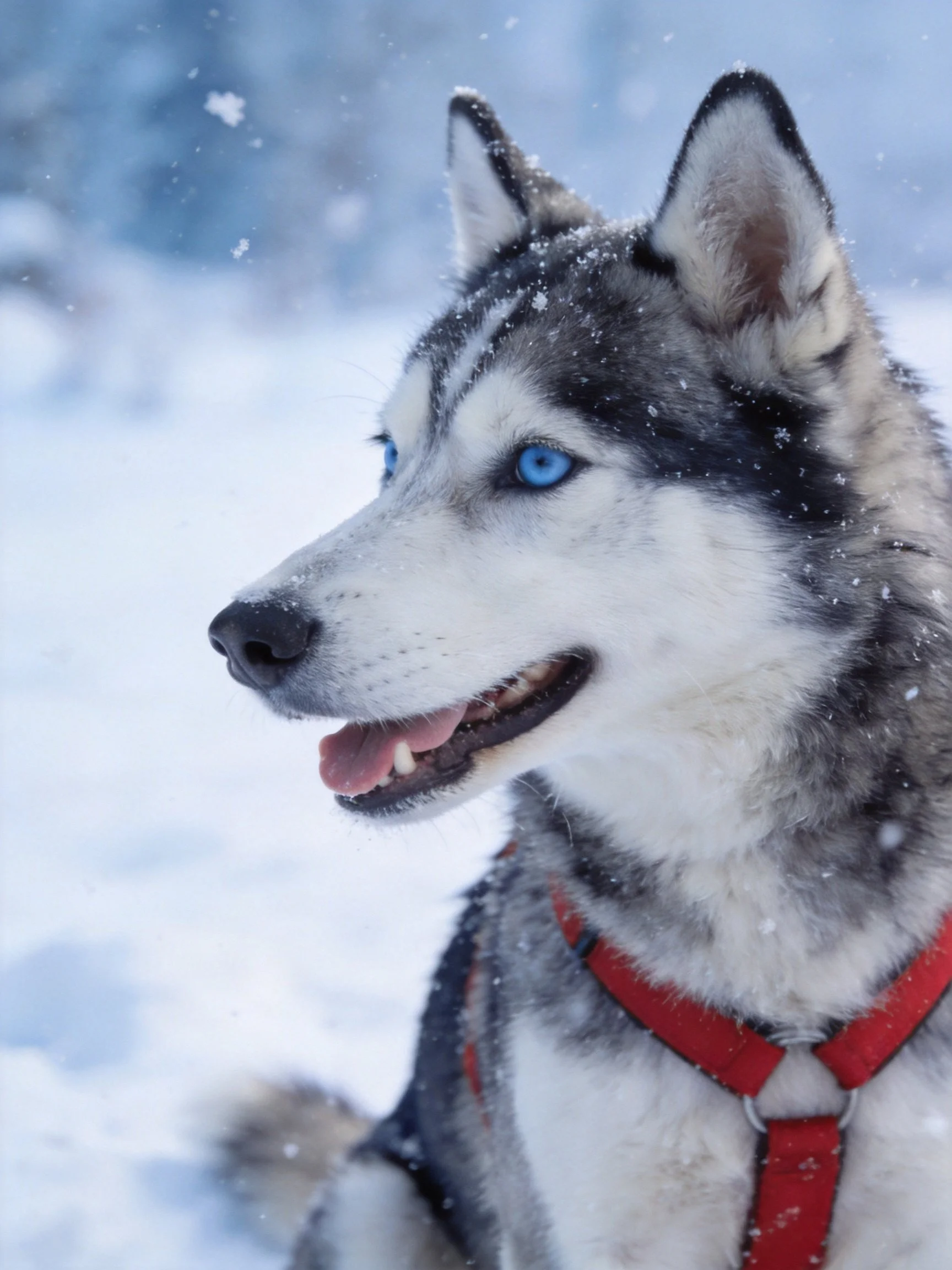 A Siberian Husky with blue eyes stands in a snowy landscape wearing a red harness.