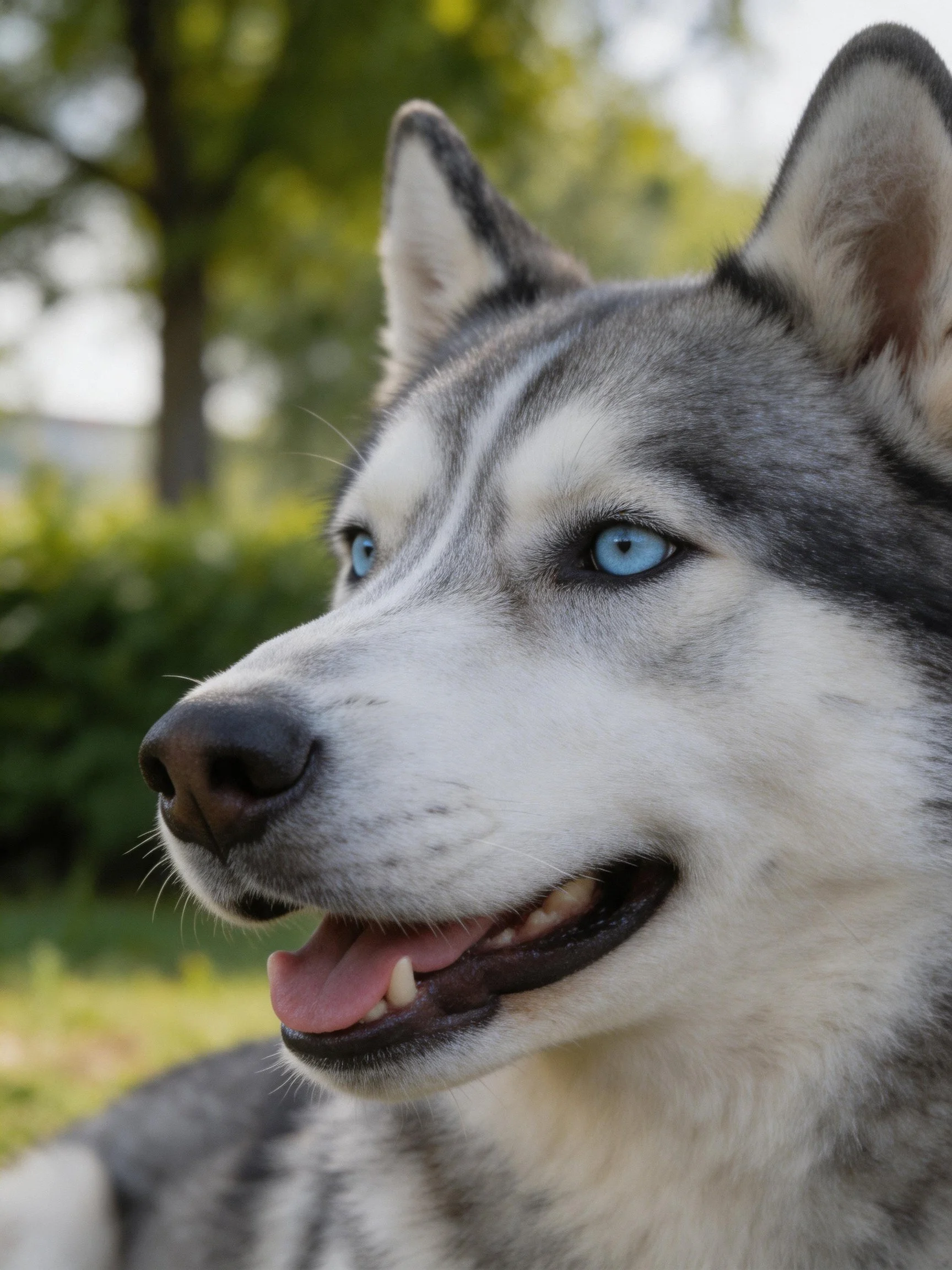 Siberian Husky with bright blue eyes in a green outdoor setting