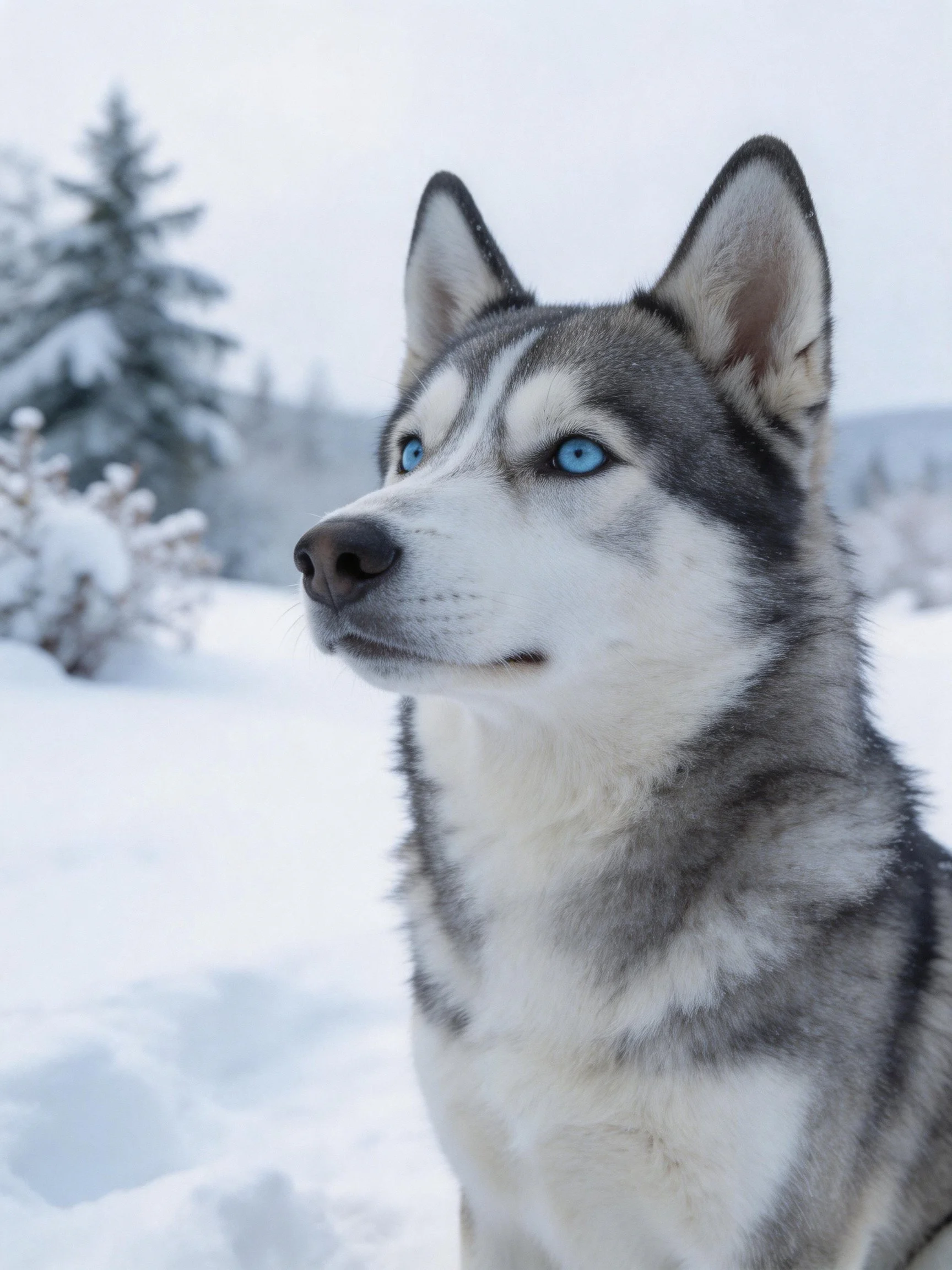 A Siberian Husky gazes peacefully in a snow-covered natural landscape.