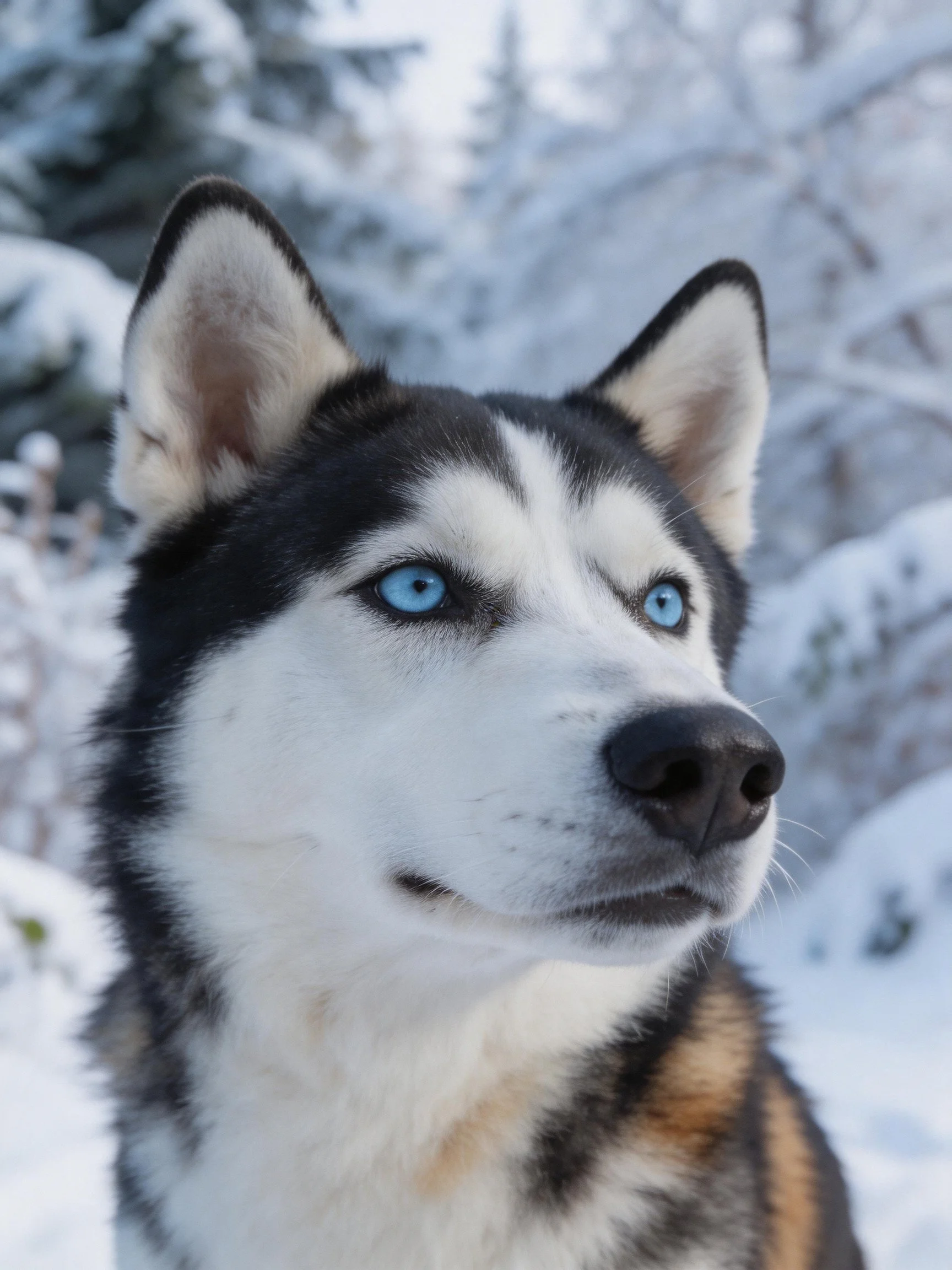 A Siberian Husky with blue eyes stands in a snowy forest.
