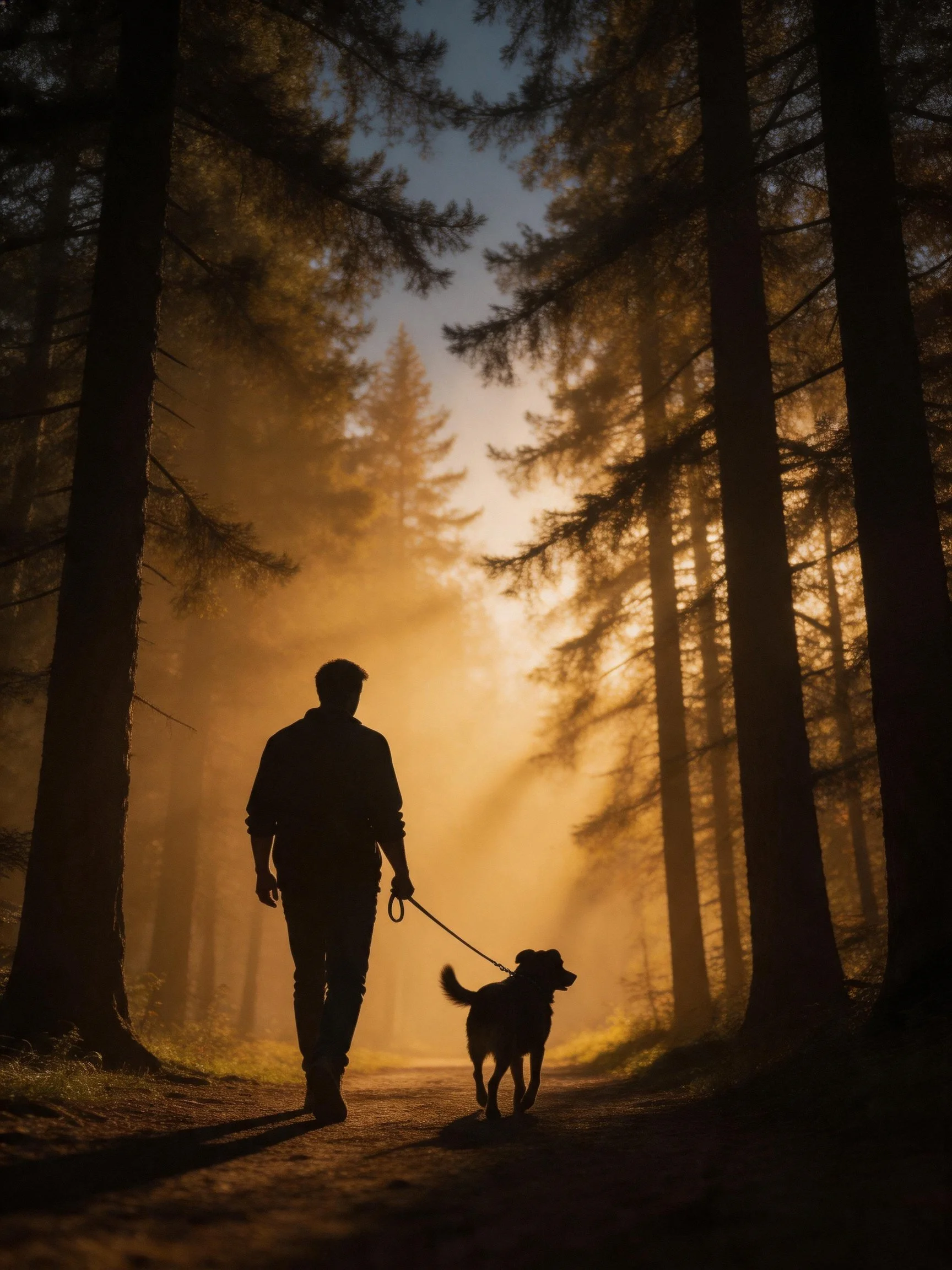 A man walks his dog in silhouette among tall trees and golden sunlight.