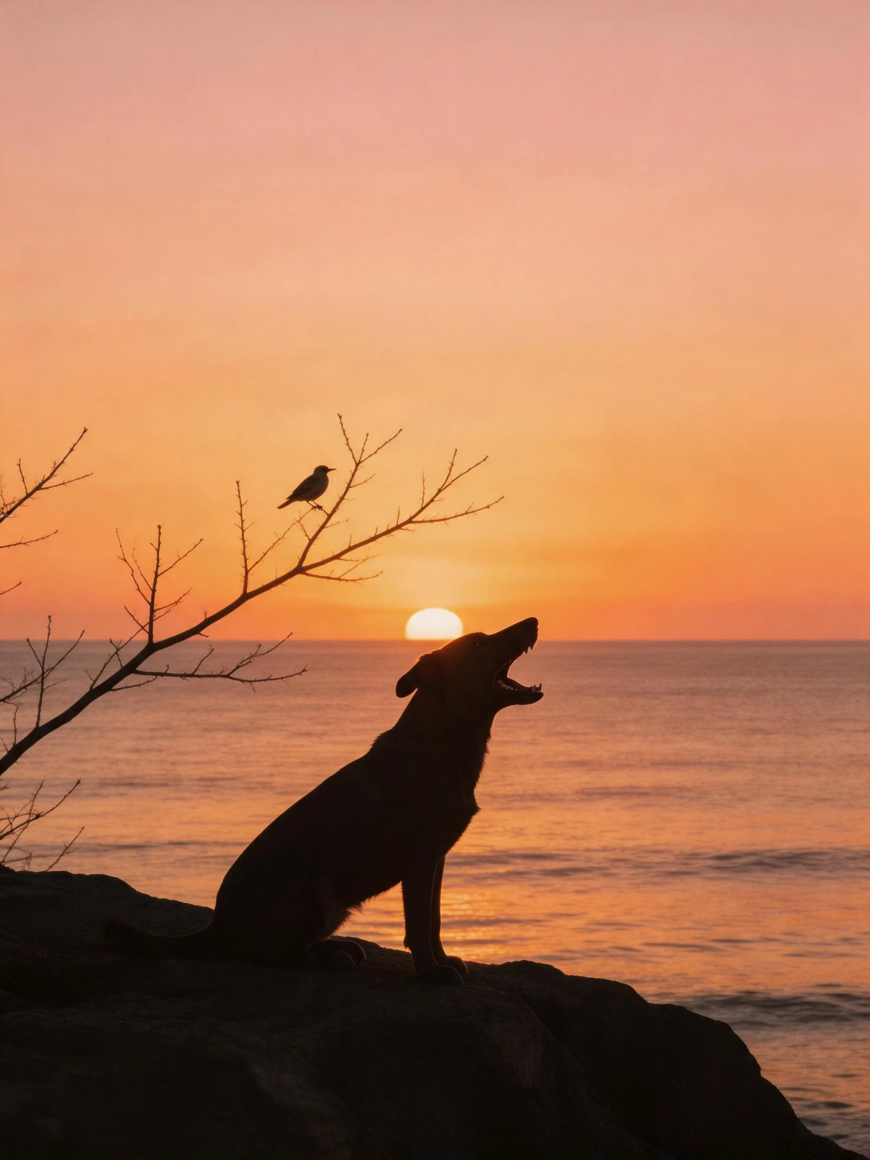 Silhouetted dog howls at sunset with bird on bare branch by the sea