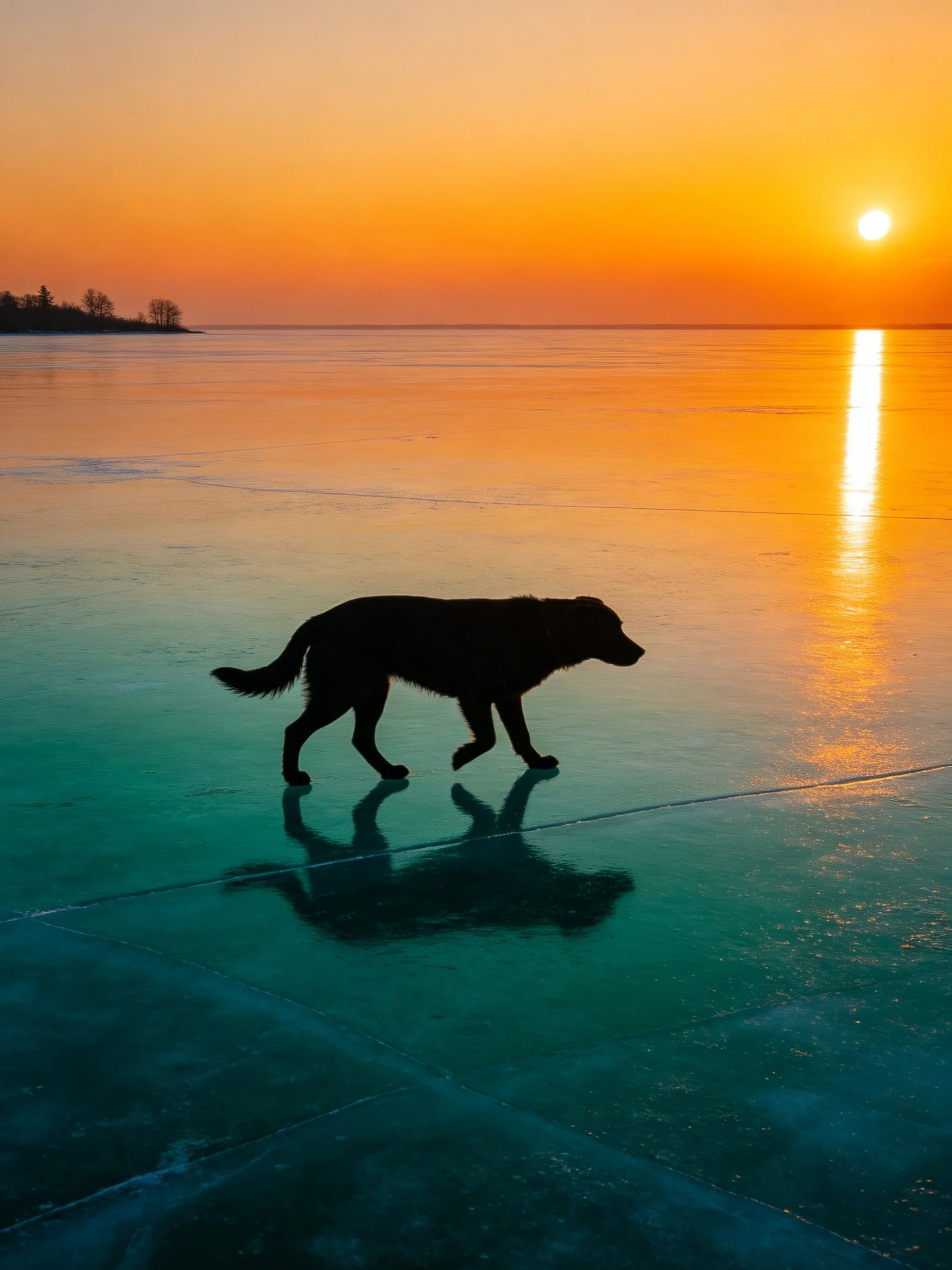 Silhouetted dog traverses icy surface under vibrant sunset sky
