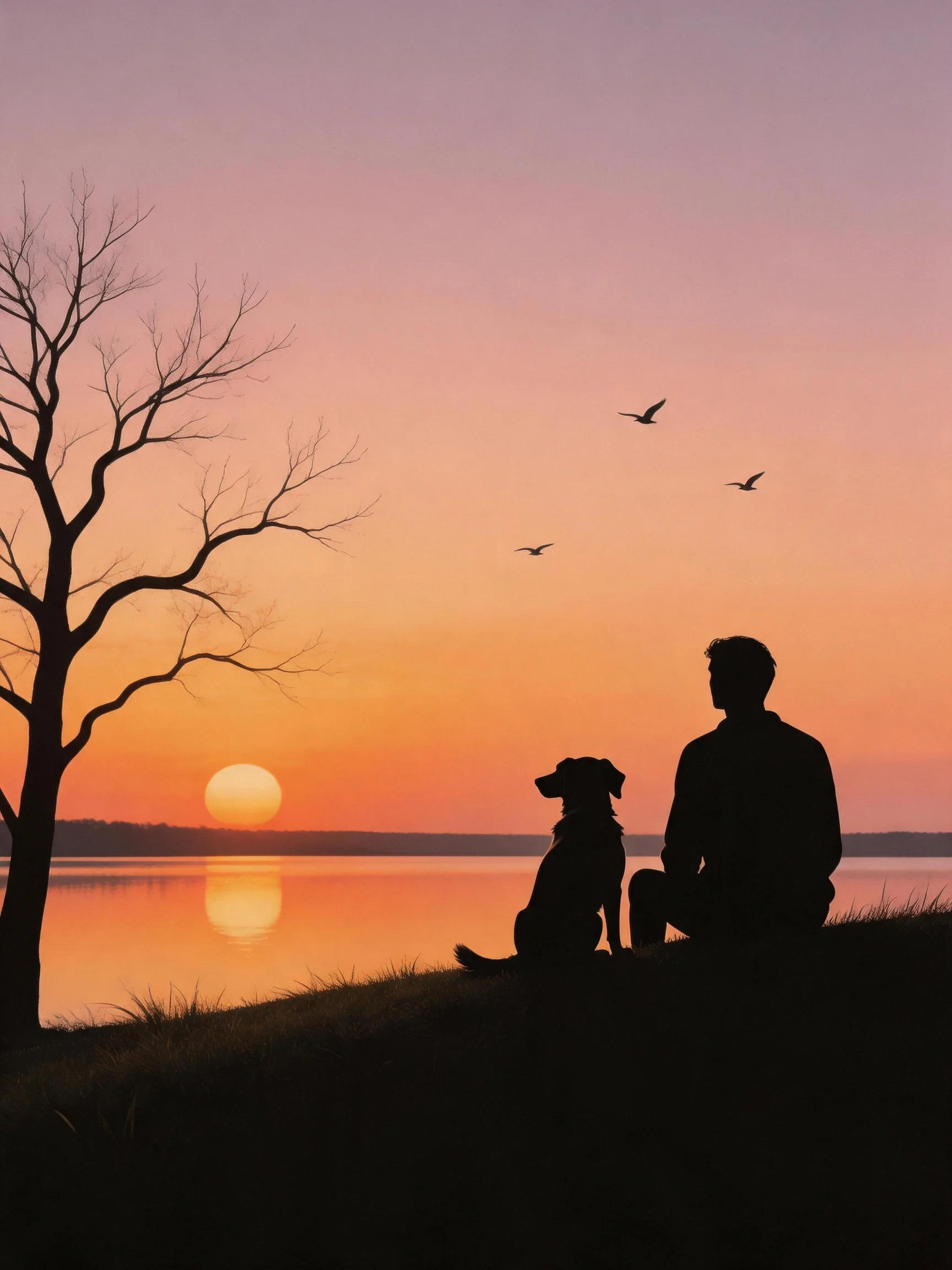 A man and his dog sit silhouetted as they view a colorful sunset over still waters.