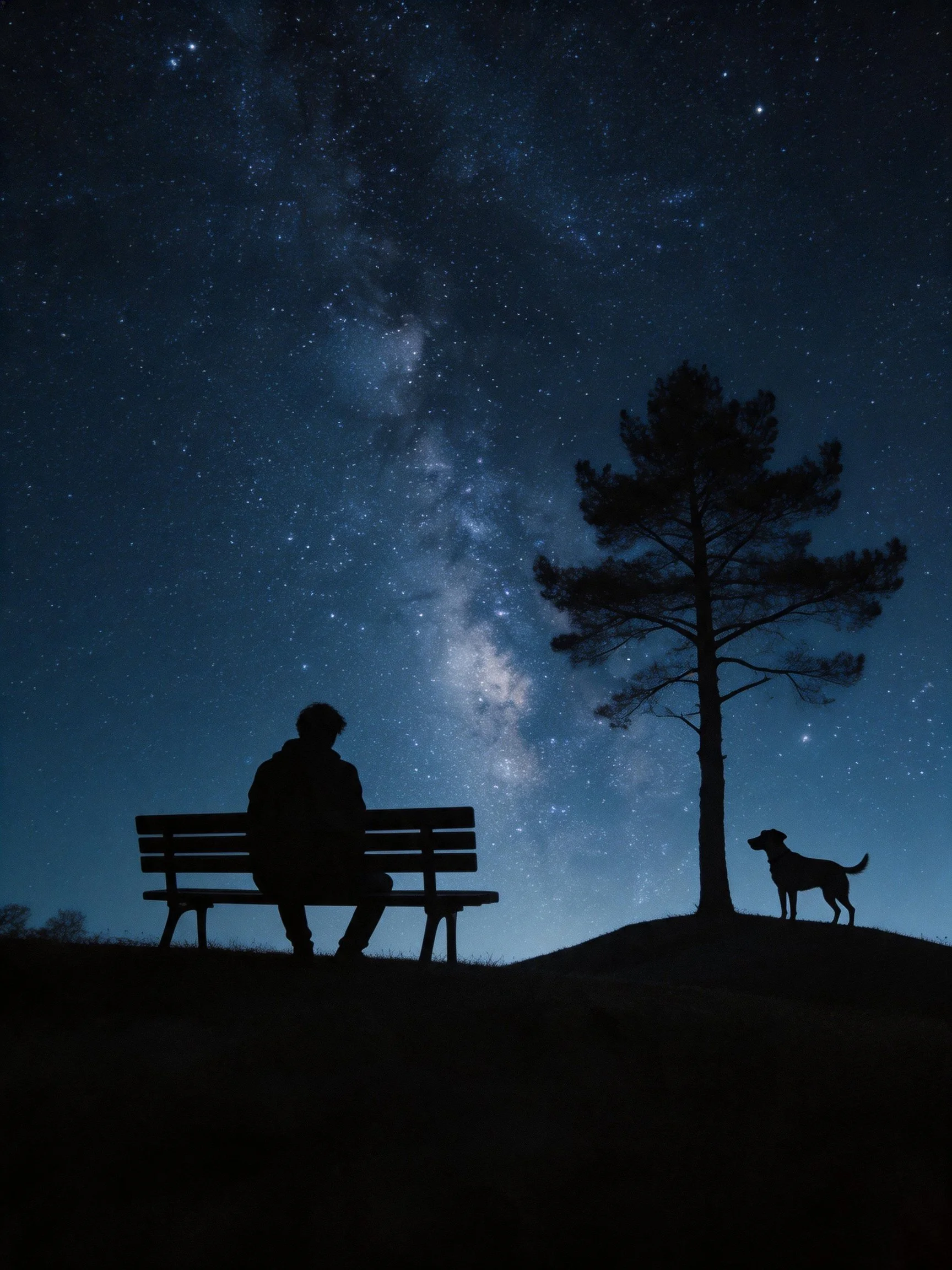 A silhouetted person sits on a bench under a starry night sky with a dog and tree nearby.