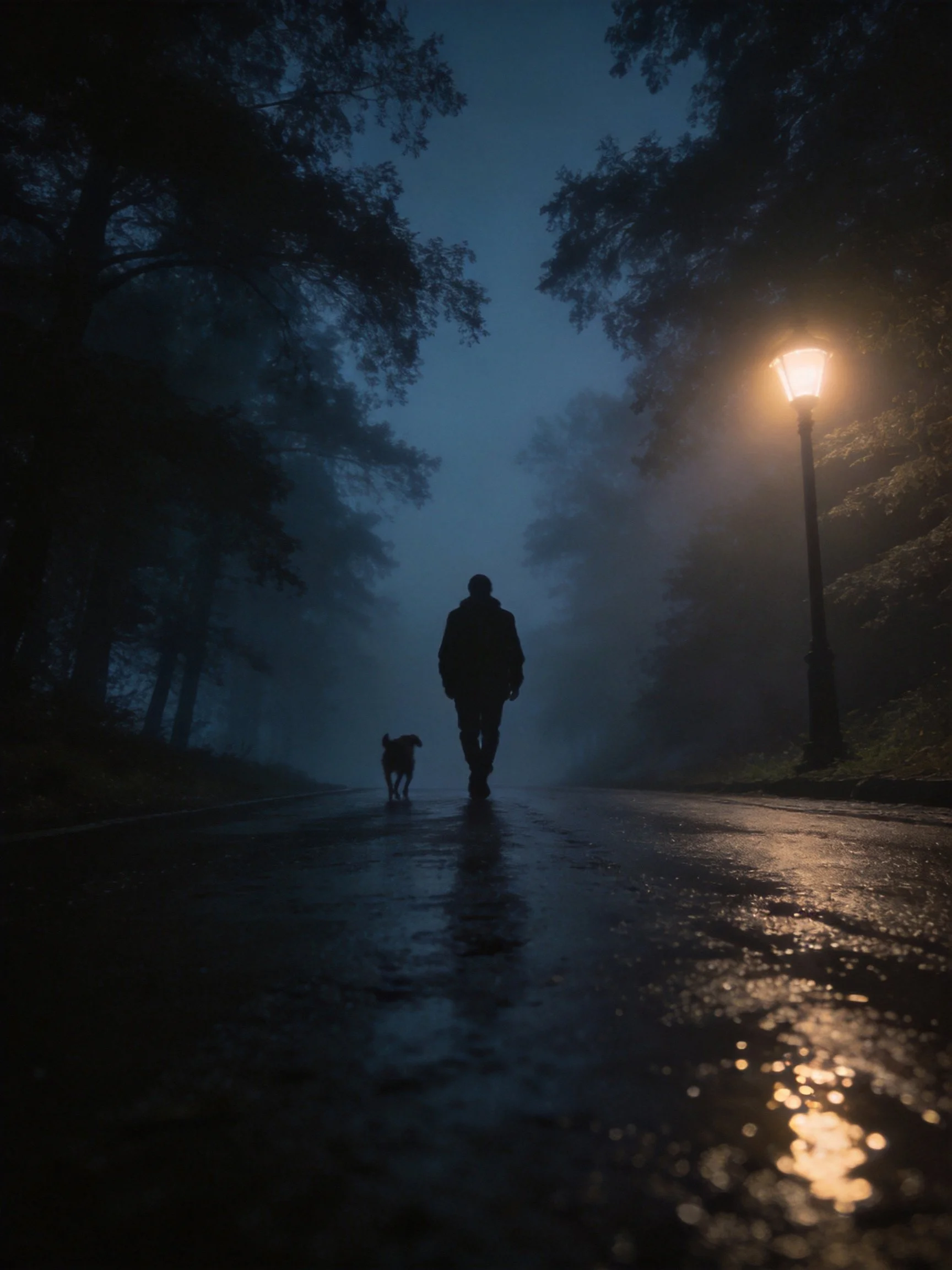 A silhouetted person walks a dog on a foggy, wet road beside a lit lamppost.