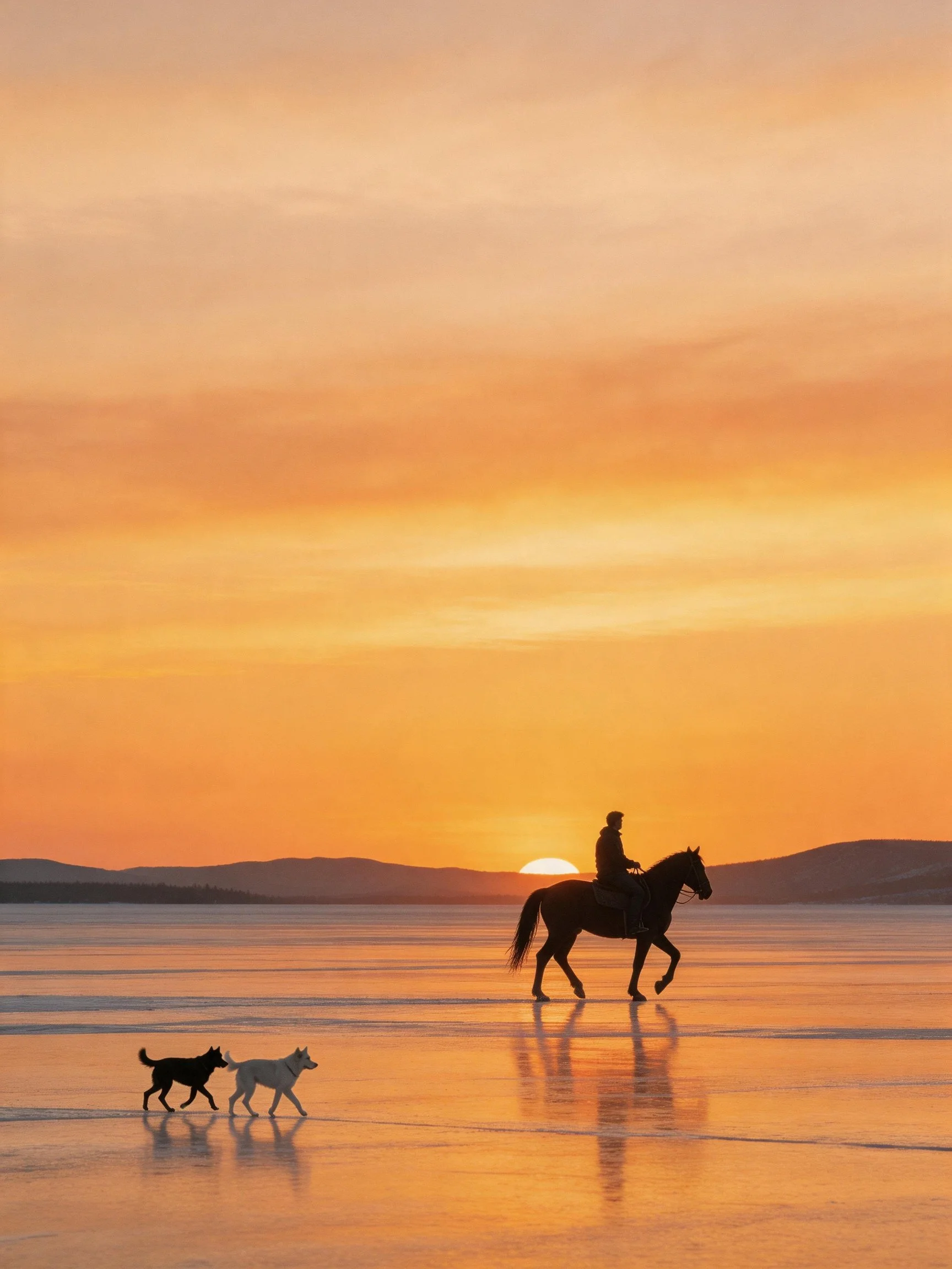 A rider on horseback with two dogs moves across a reflective surface beneath a golden sunset