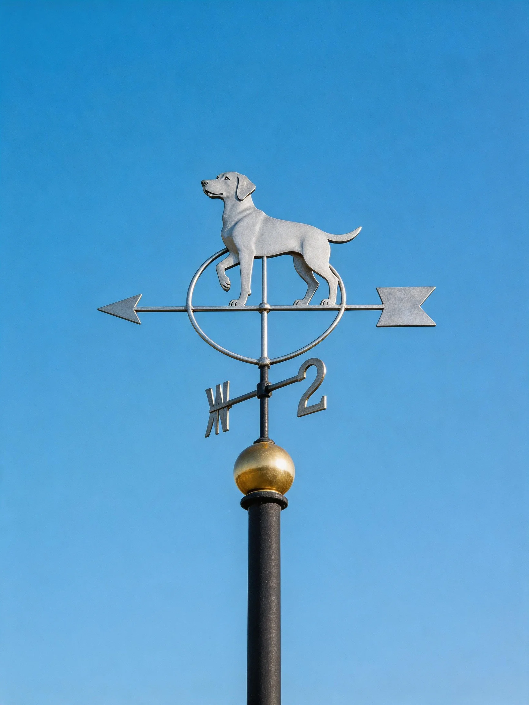 A silver dog-shaped weathervane indicates wind direction under a clear blue sky.