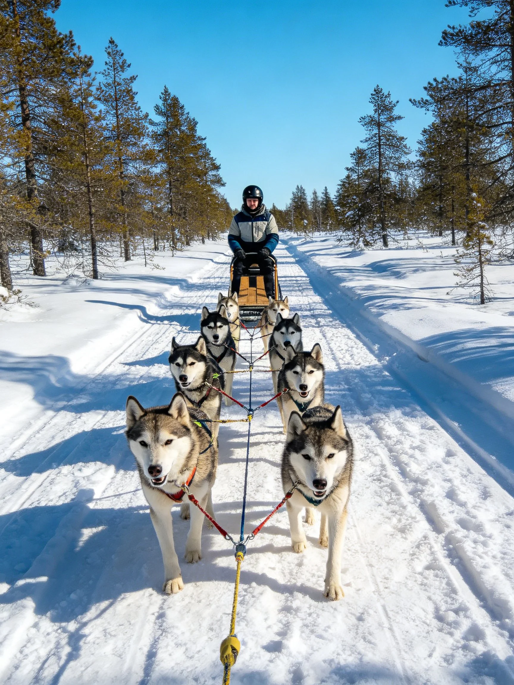 Six Siberian Huskies Pulling Sled Through Snowy Forest Trail