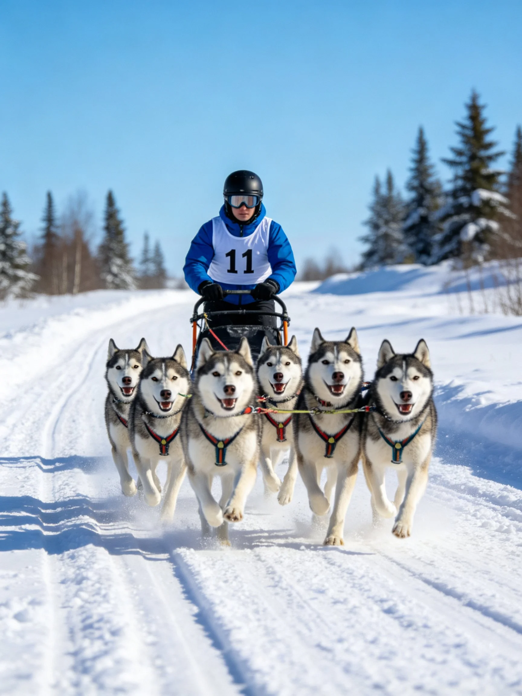 A musher rides a sled pulled by six Siberian Huskies along a snow-covered trail.
