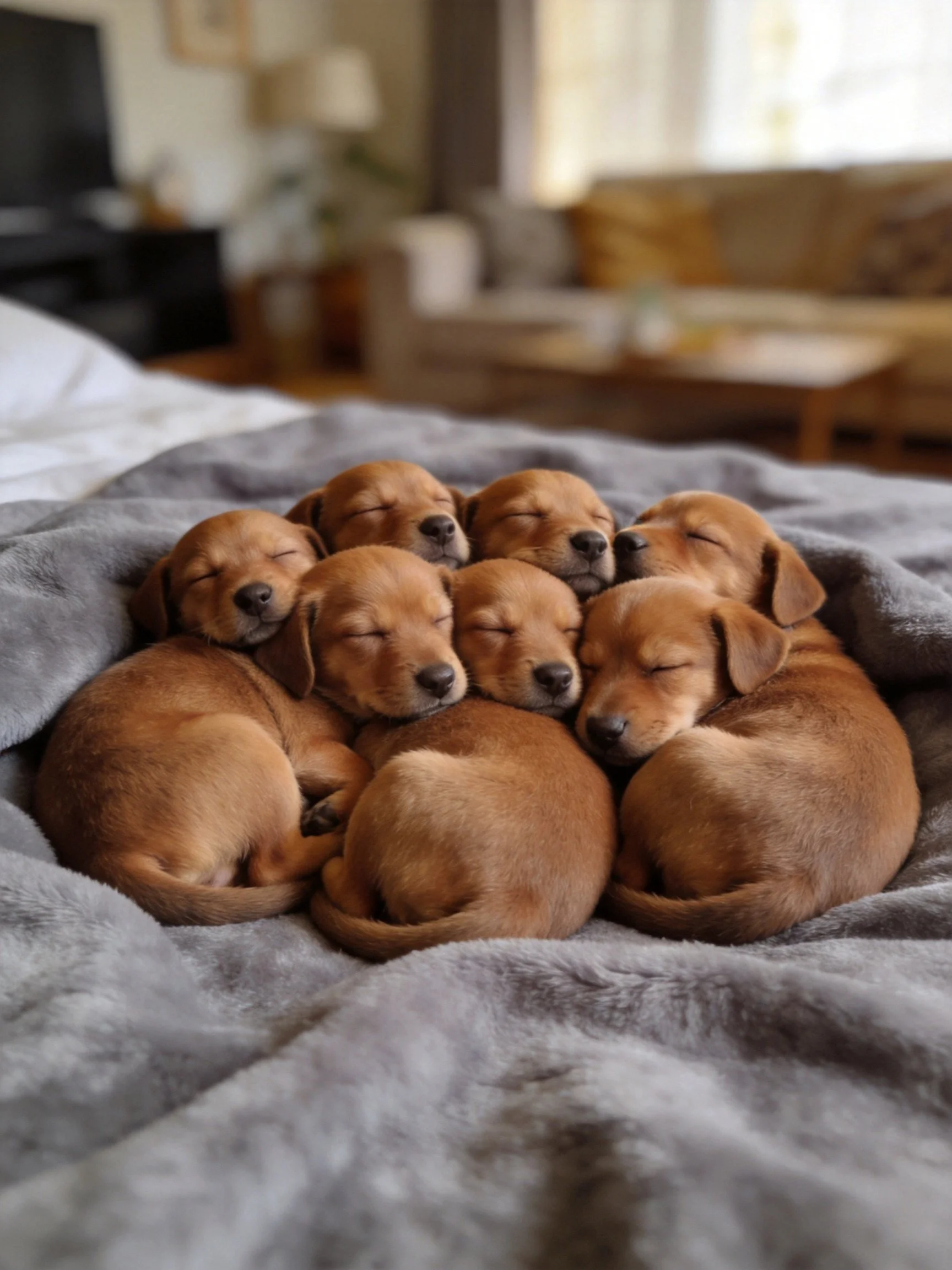 Six brown puppies rest closely grouped on a blanket in a cozy indoor space.