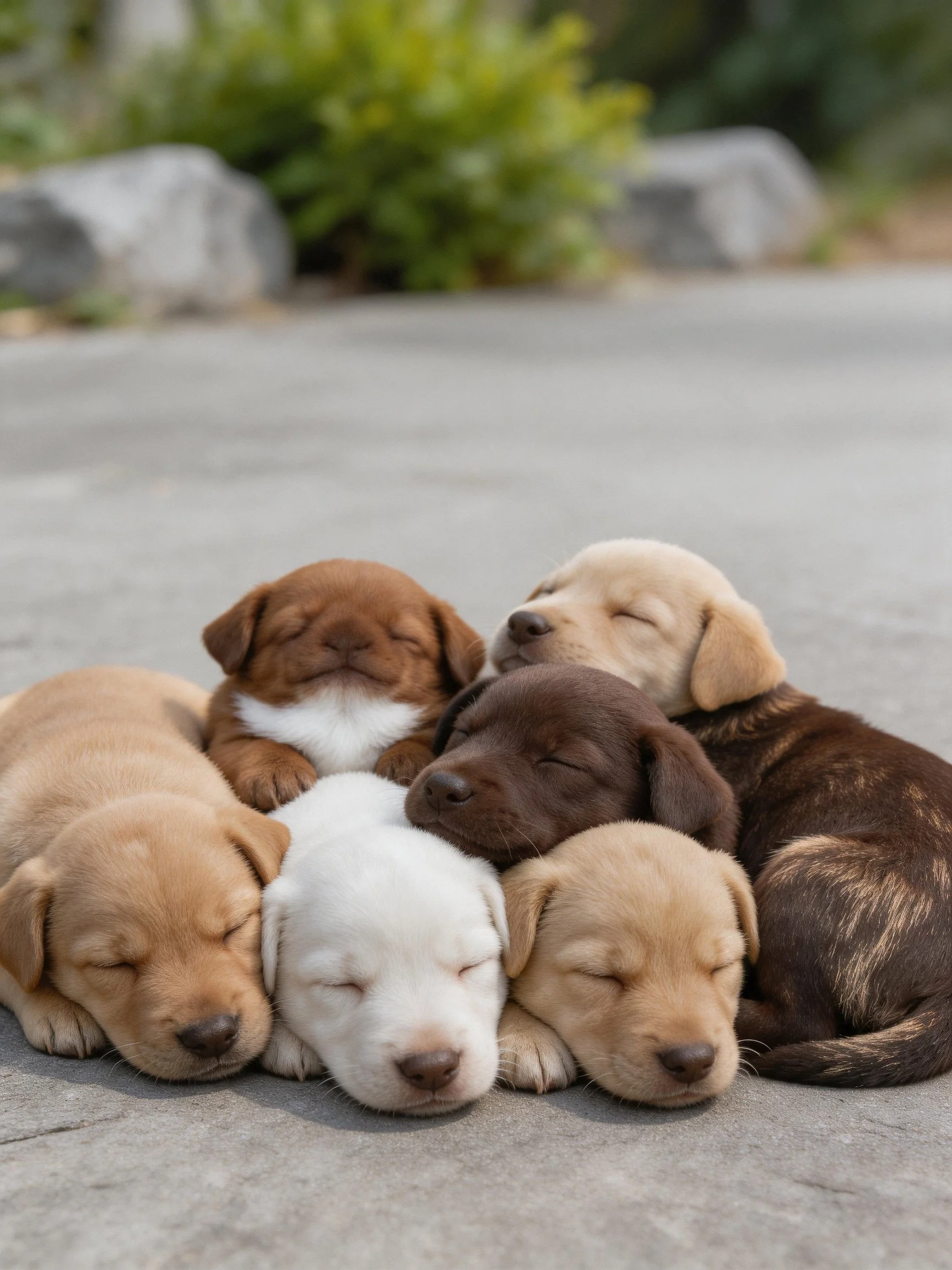 Six puppies of varying hues rest closely grouped in a serene outdoor setting.