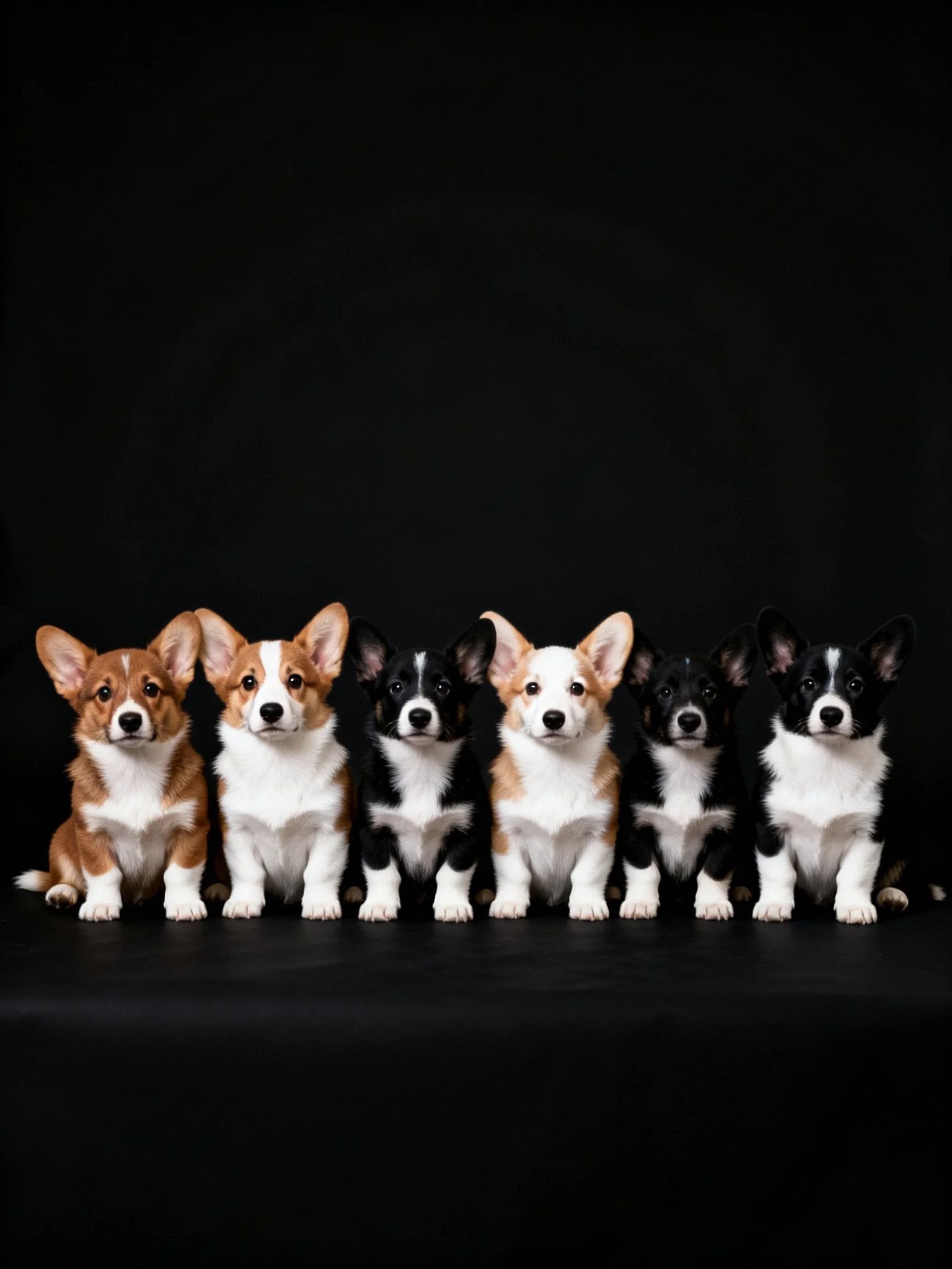 Six corgi puppies lined up on a black surface