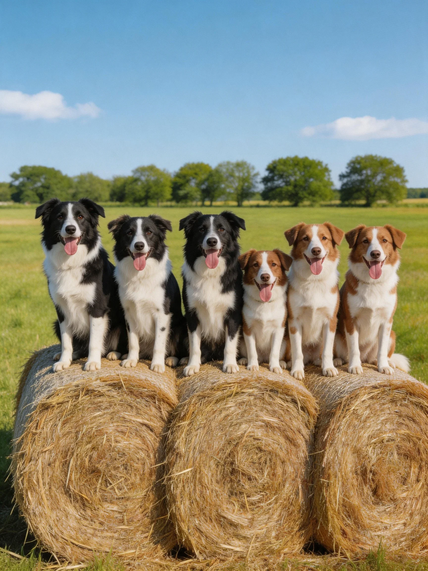Six dogs of varying breeds rest on hay bales in an open field.