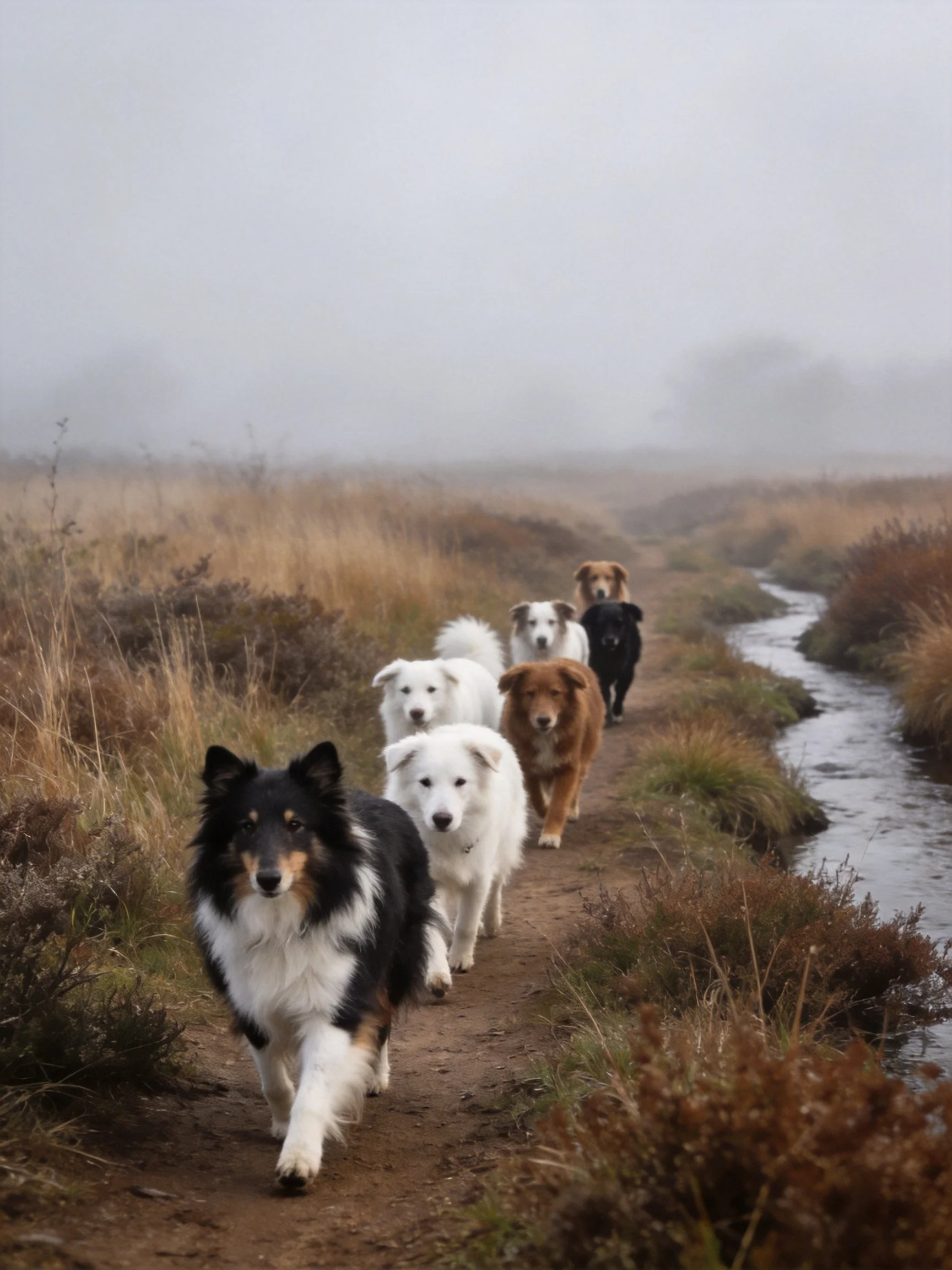 Six dogs of varied hues walk along a misty dirt path by a stream