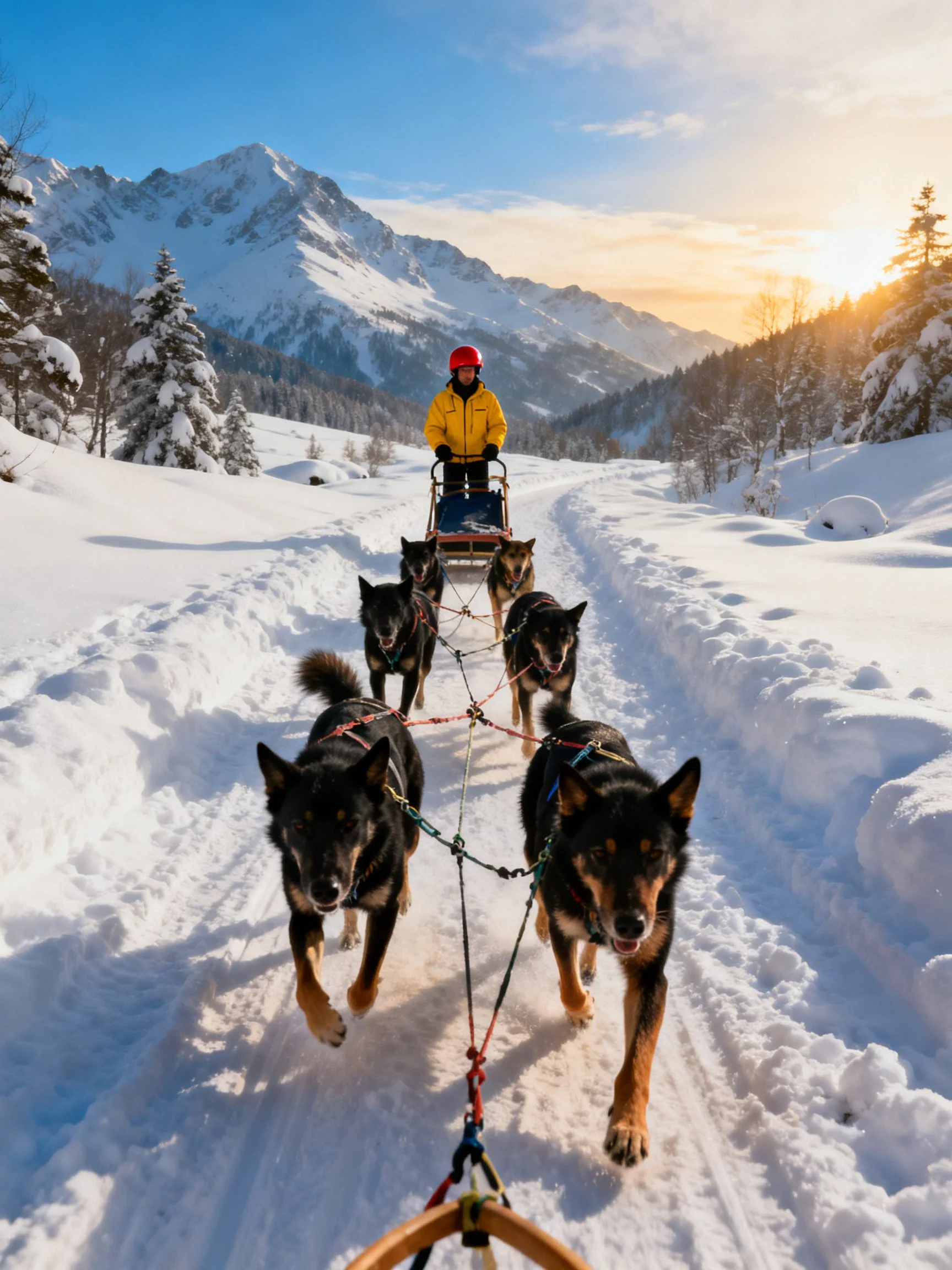 Six dogs pull a sled with a person in a yellow jacket through snow - covered mountains
