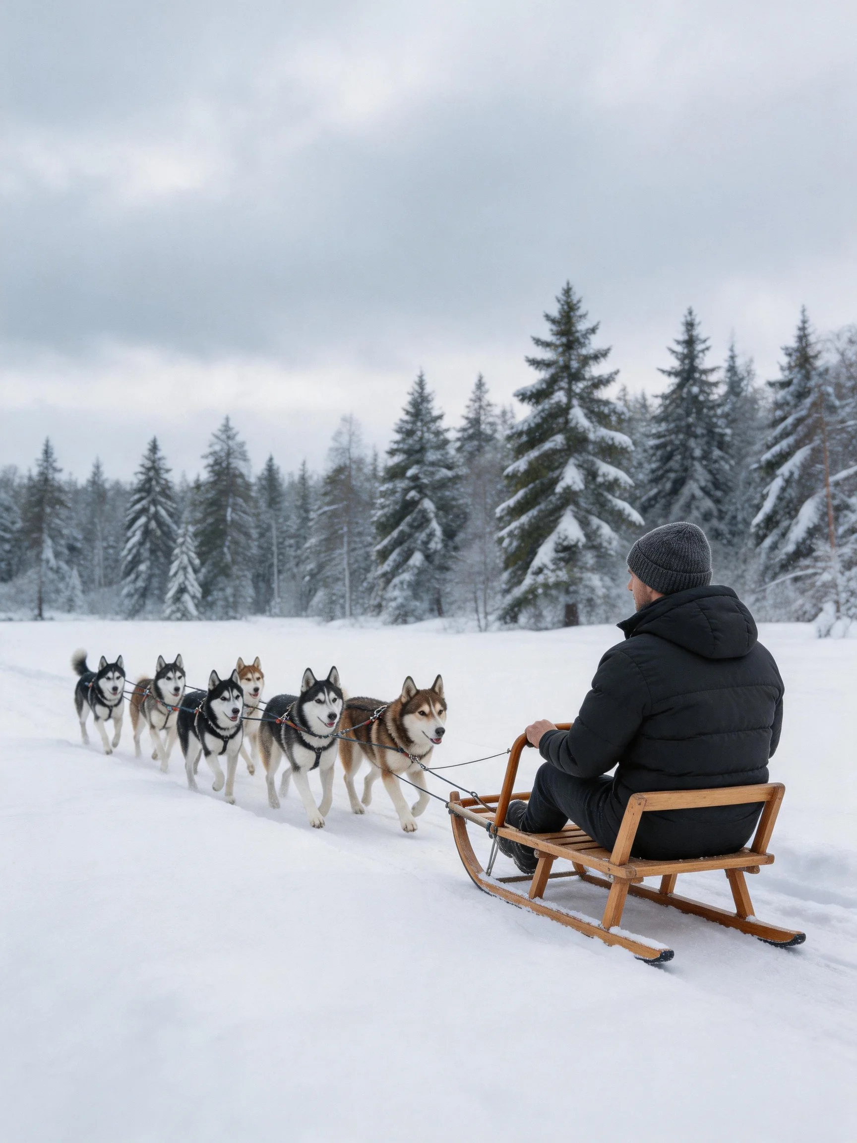 A man rides a sled pulled by six dogs in a snowy forest.