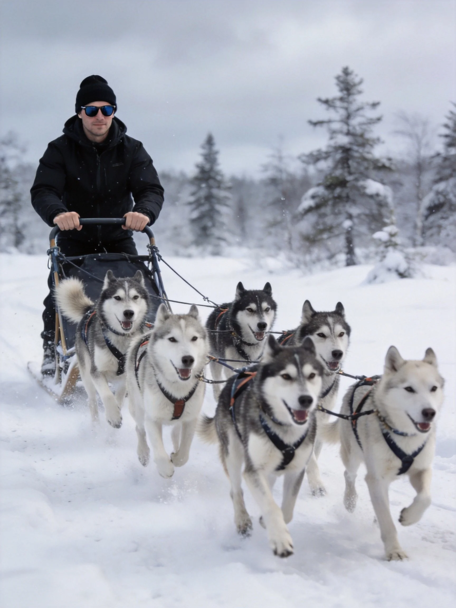 Six huskies pull a sled with a person in a black coat