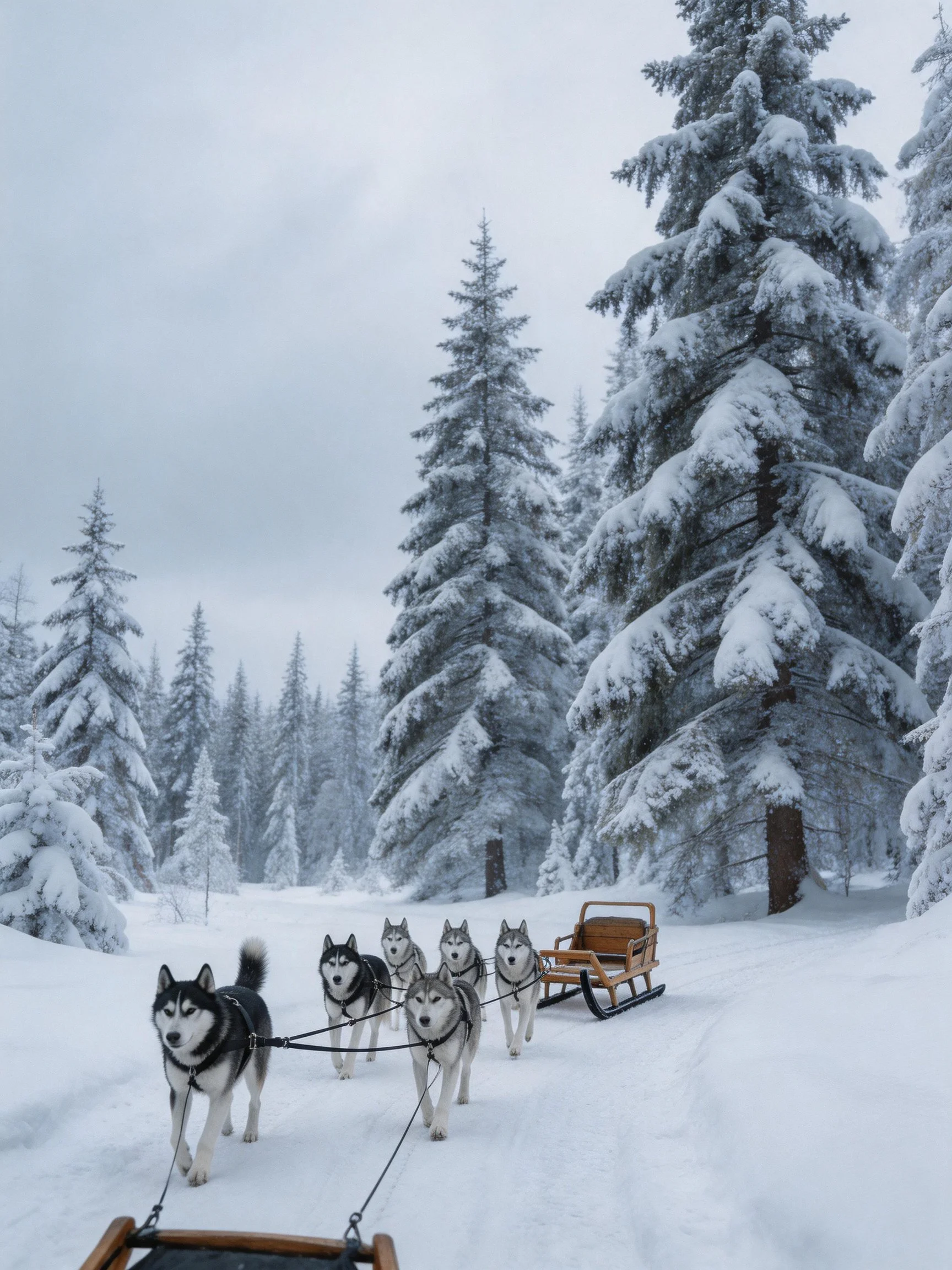 Six huskies pull sleds through snow-covered pine forests