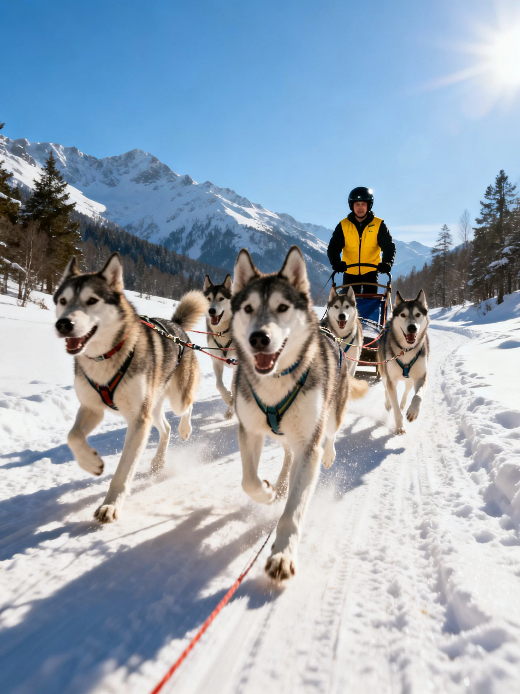 Six husky dogs pull a sled through snowy mountainous terrain