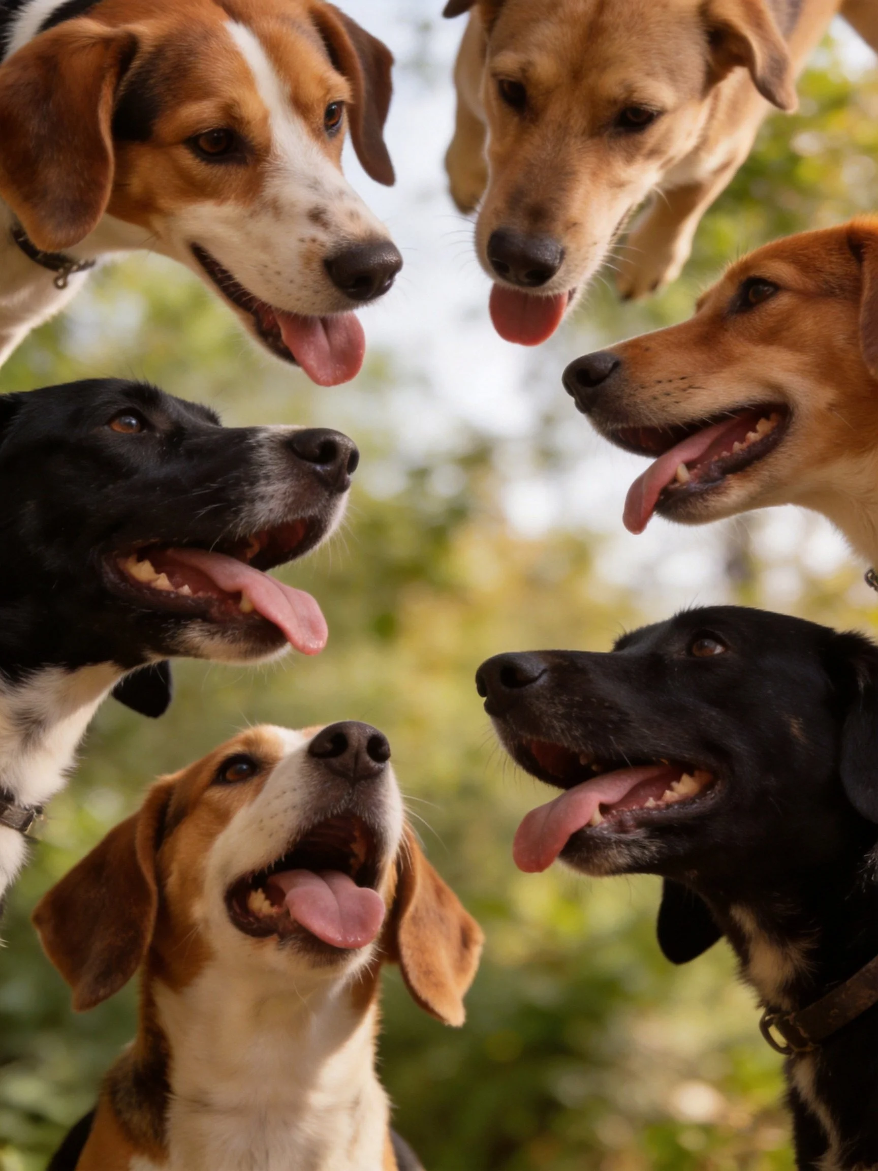 Six mixed-breed dogs gather closely outdoors