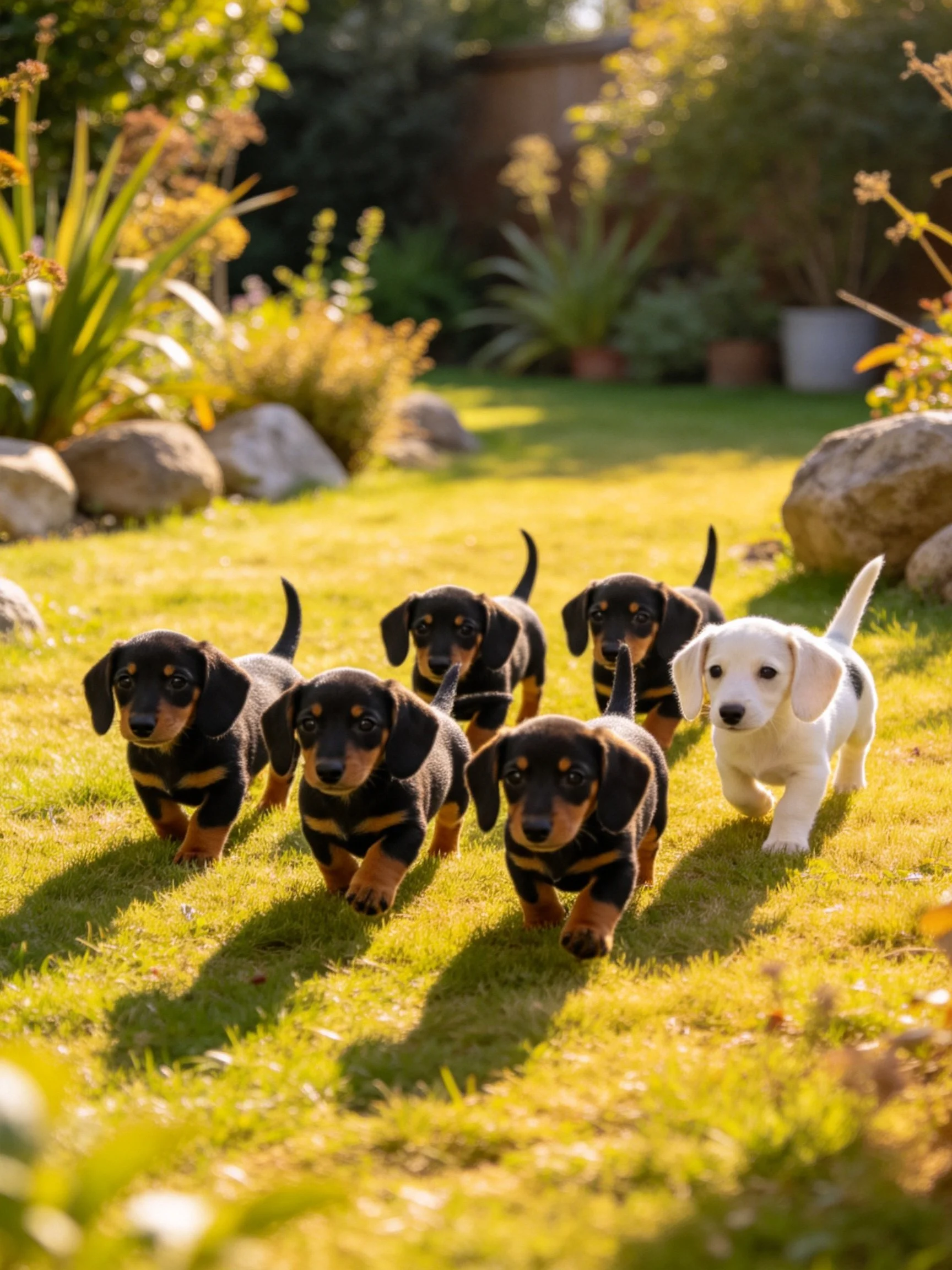 Six puppies, including a single white one, run together on a bright, grassy lawn.