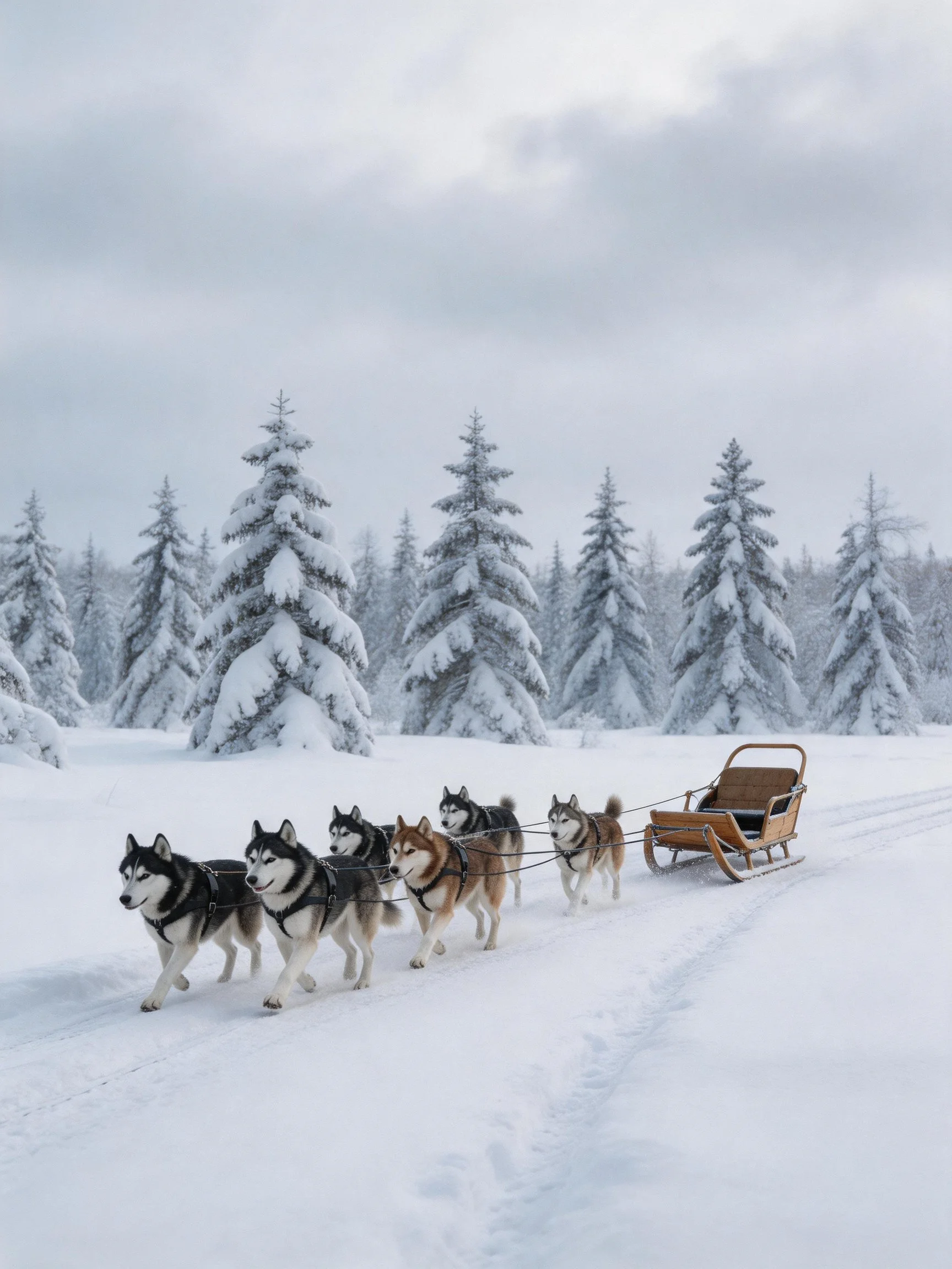 Six sled dogs pull wooden sled through snow-laden pine forest