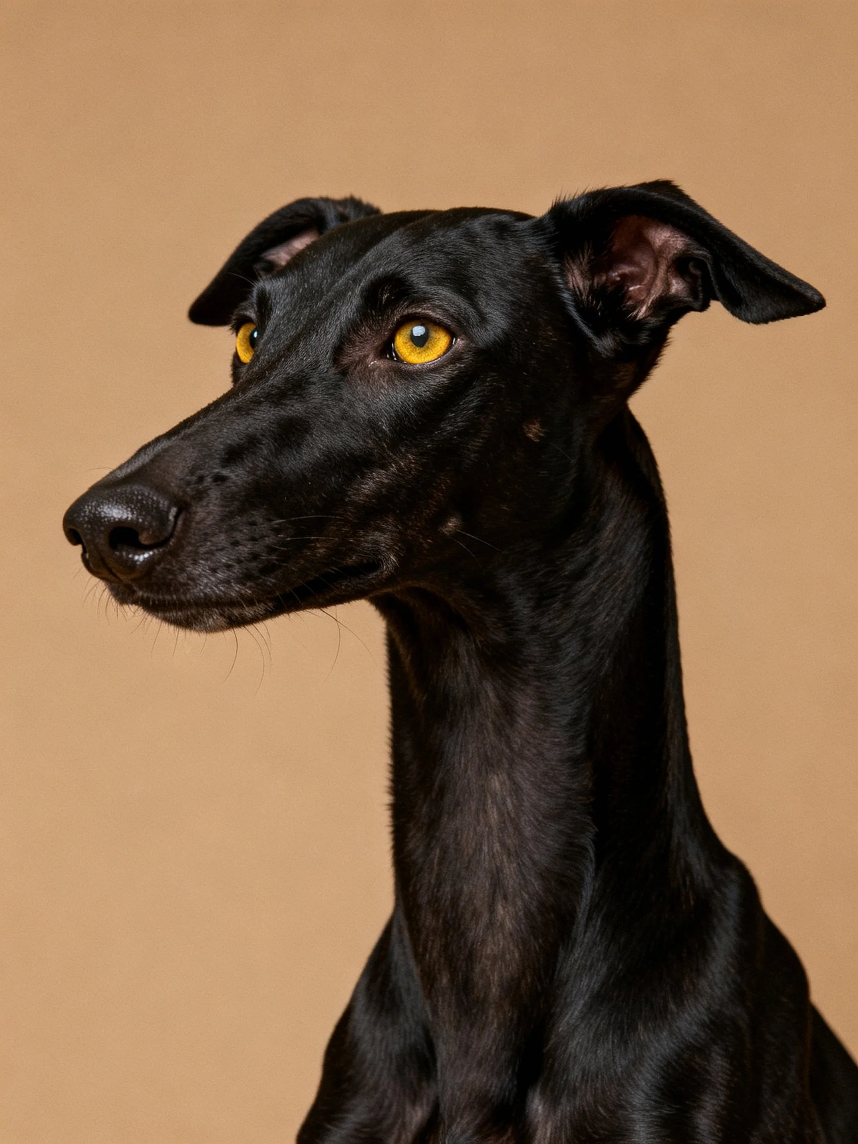 A sleek black dog with bright yellow eyes posed against a tan background.