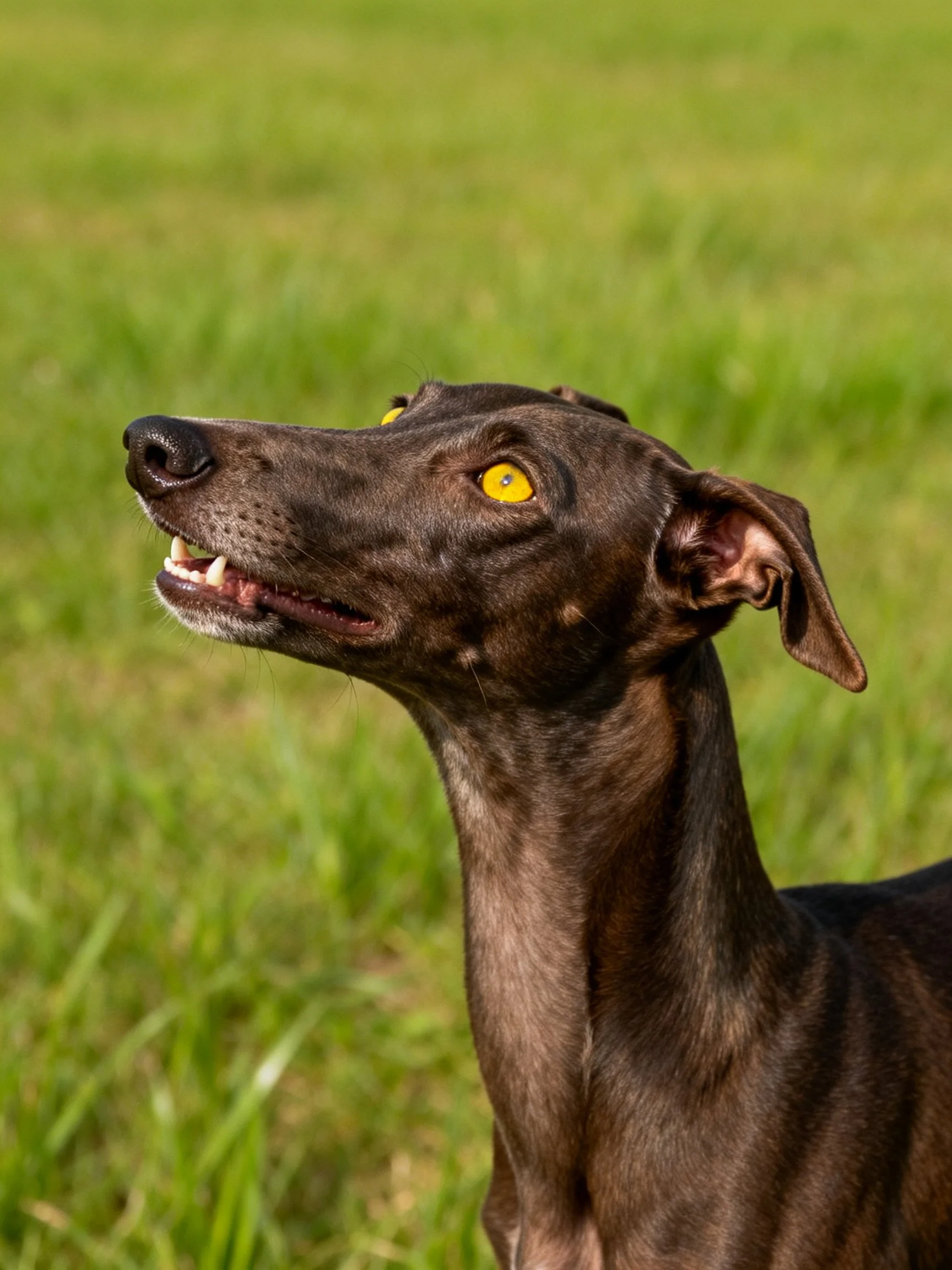 A sleek dark brown dog with bright yellow eyes stands in a grassy area.
