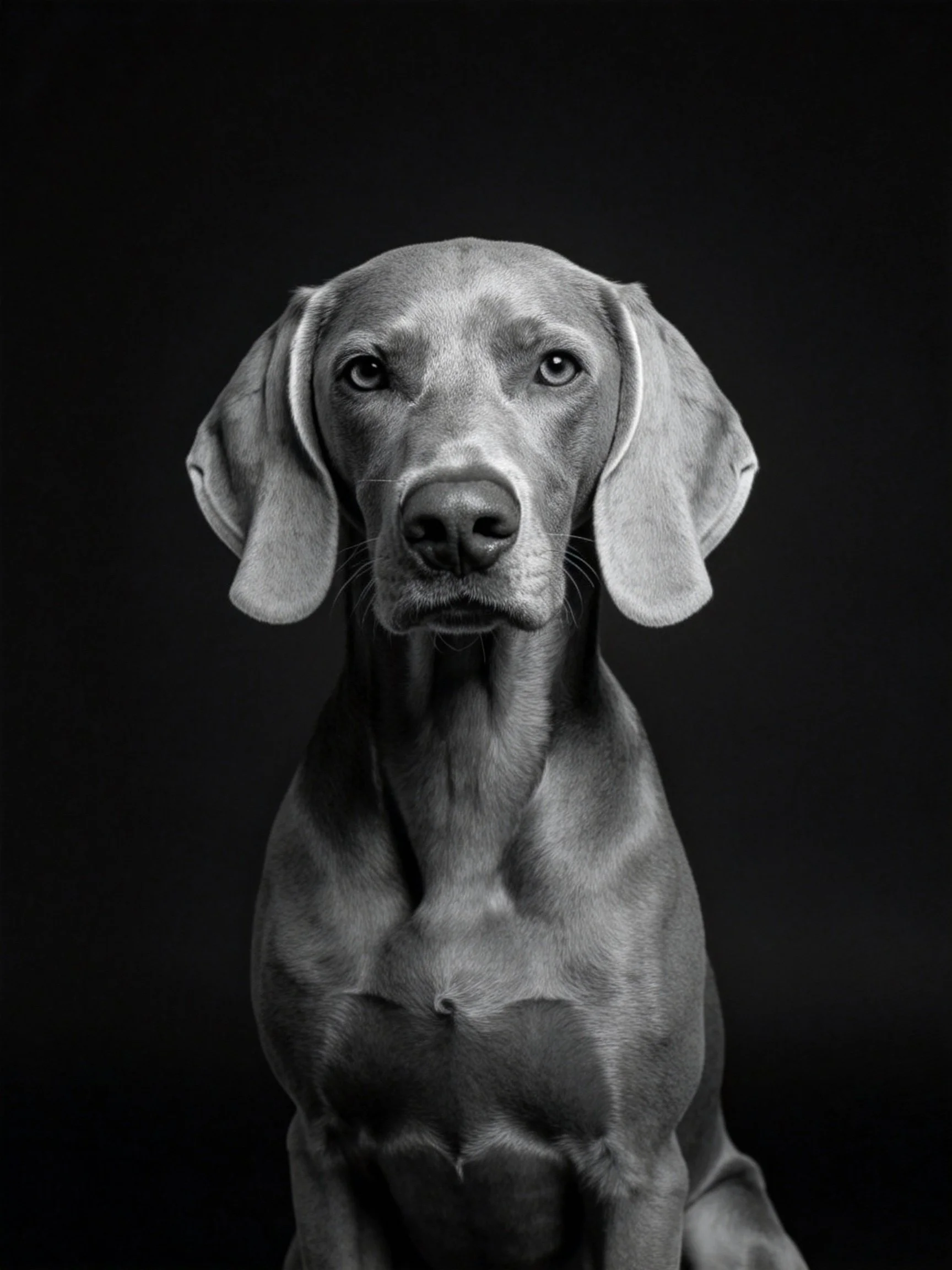 Sleek gray Weimaraner portrait against dark backdrop