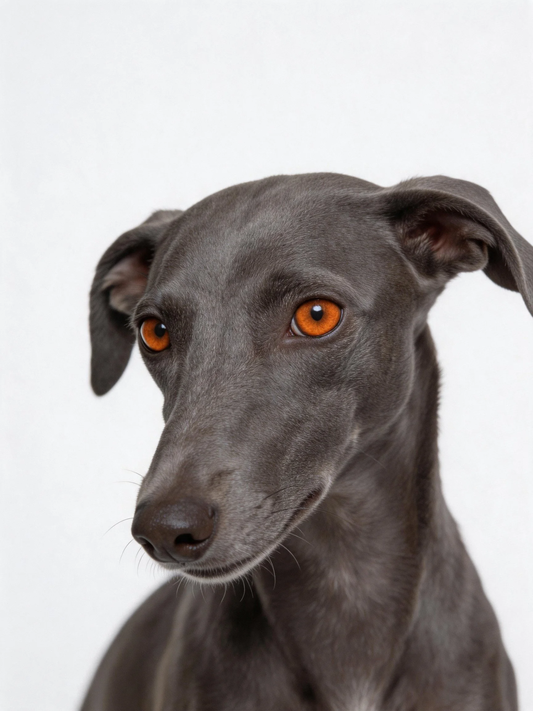 A sleek gray dog with vibrant orange eyes stands out against a plain white background.